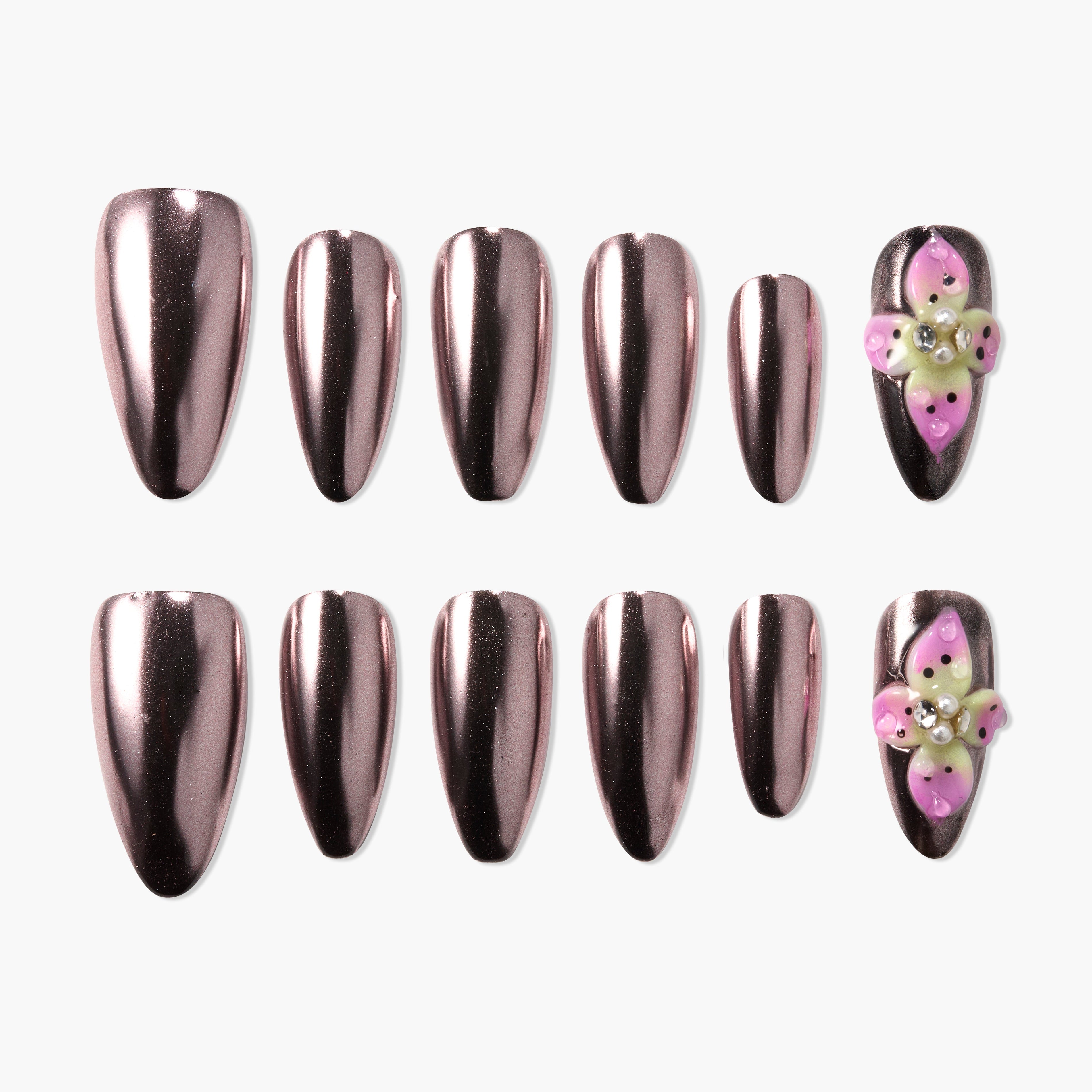 Glossy metallic rose gold press-on nails with 3D pink and yellow floral accents and rhinestones