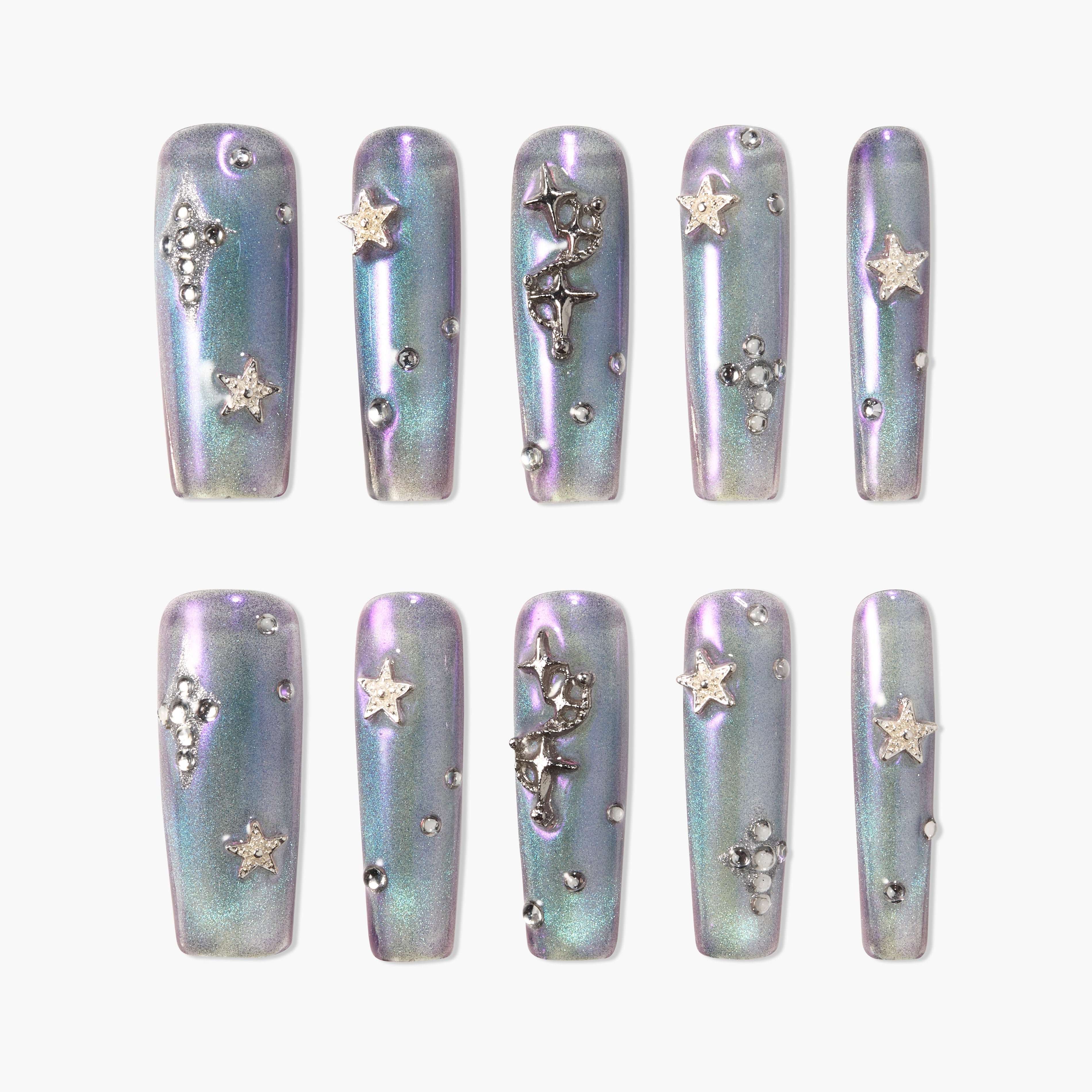 Holographic blue press-on nails with 3D star and gemstone celestial designs