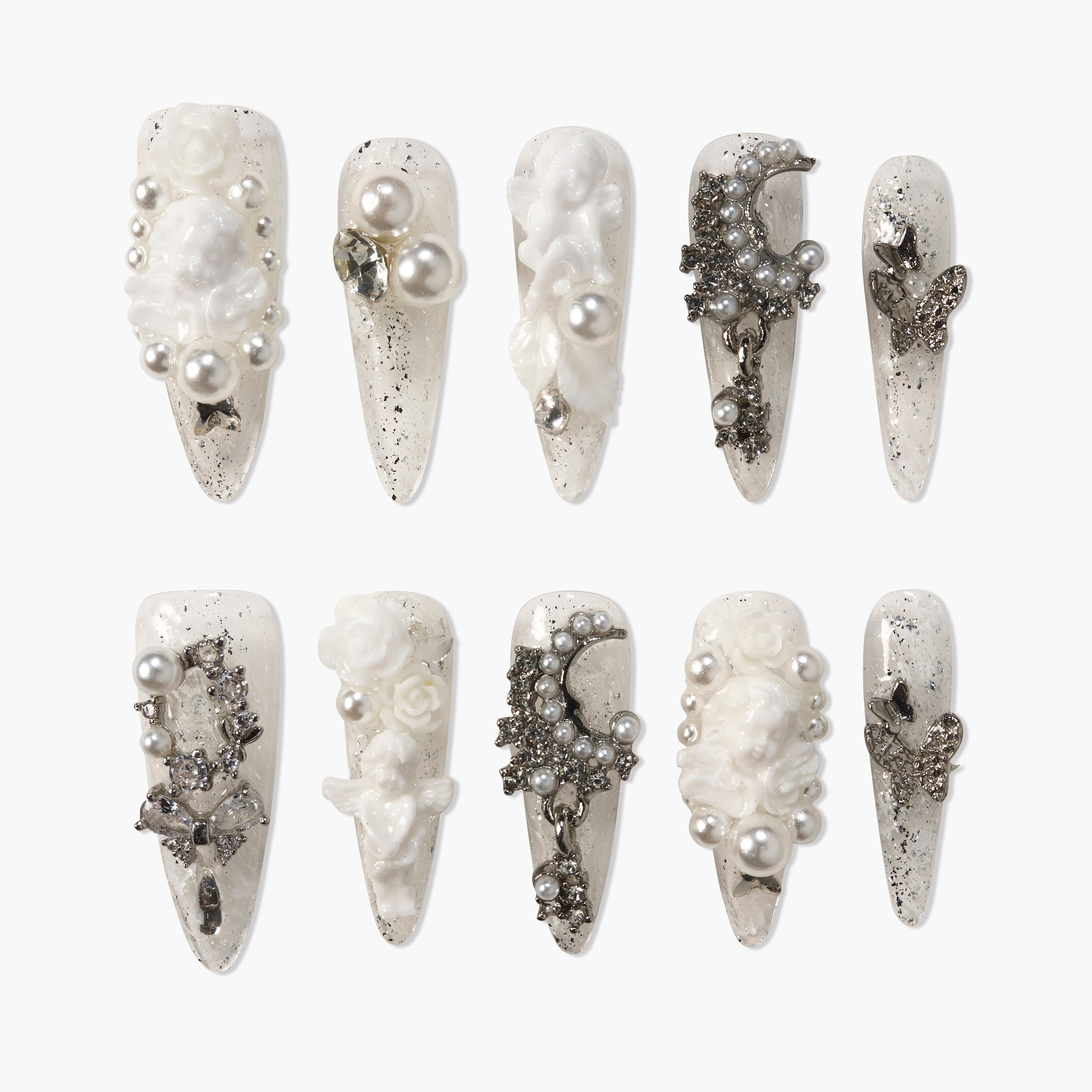 Handmade press-on nails with white and silver 3D floral, pearl, angel, and moon designs