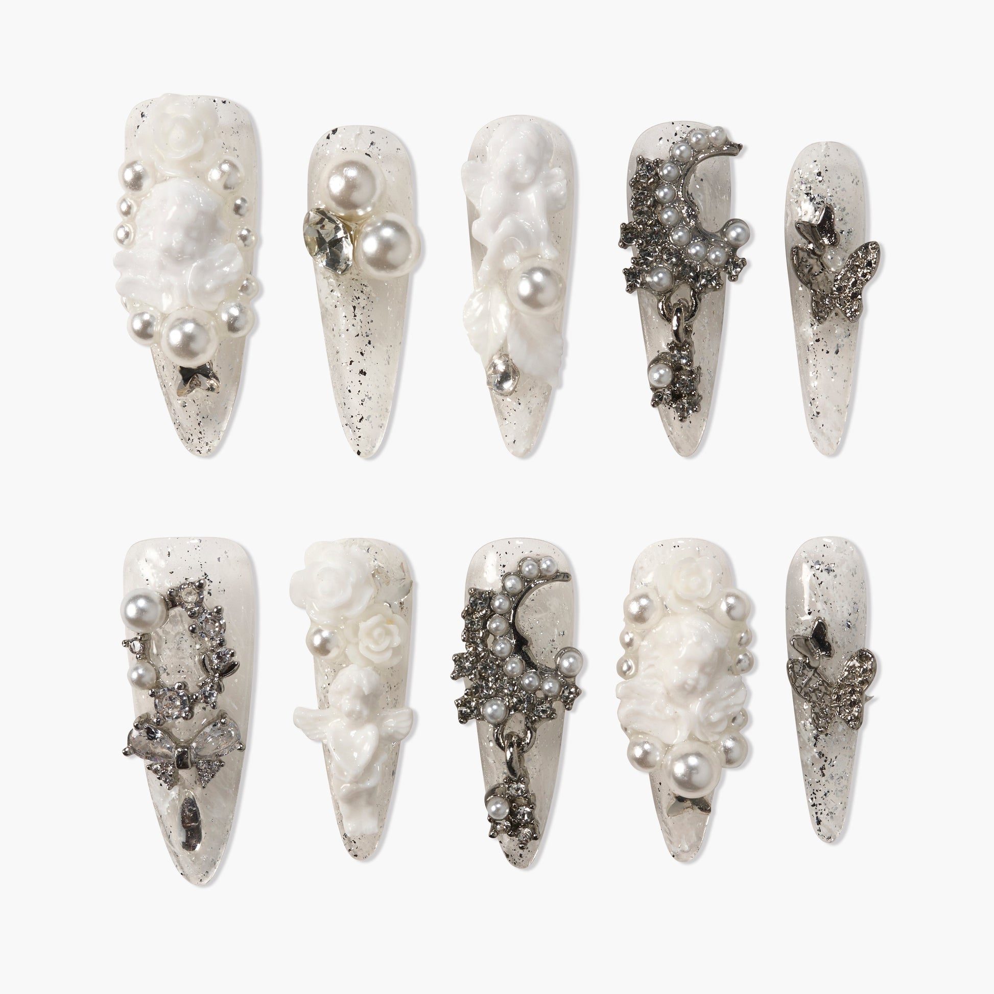 Handmade press-on nails with white and silver 3D floral, pearl, angel, and moon designs