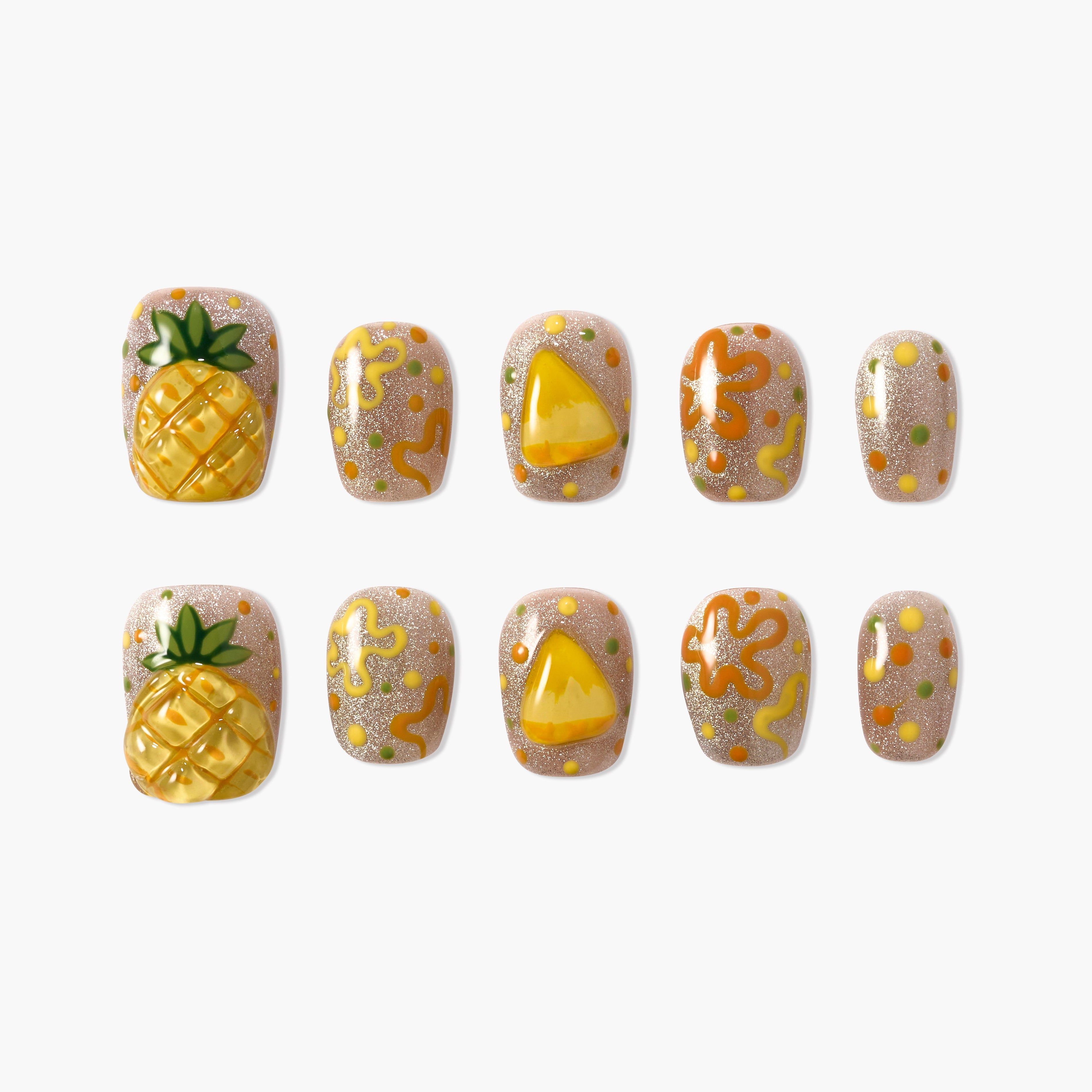 Handmade press-on nails with pineapple and abstract fruit designs, glitter and colorful accents.