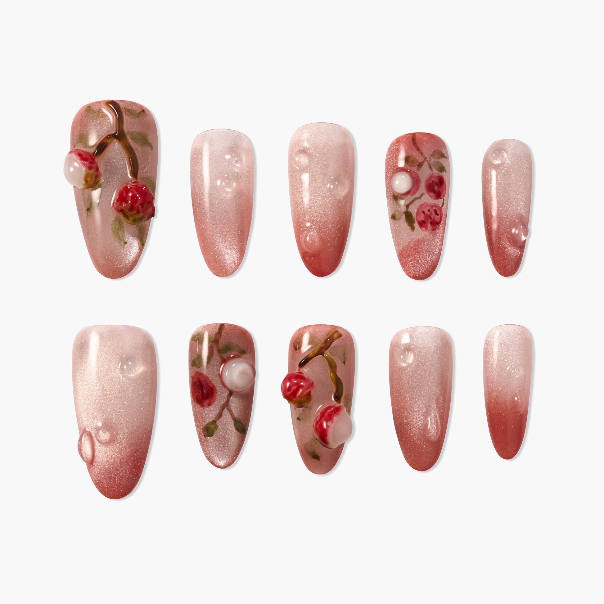 Handmade pink press-on nails with glossy cherry branch and 3D berry designs