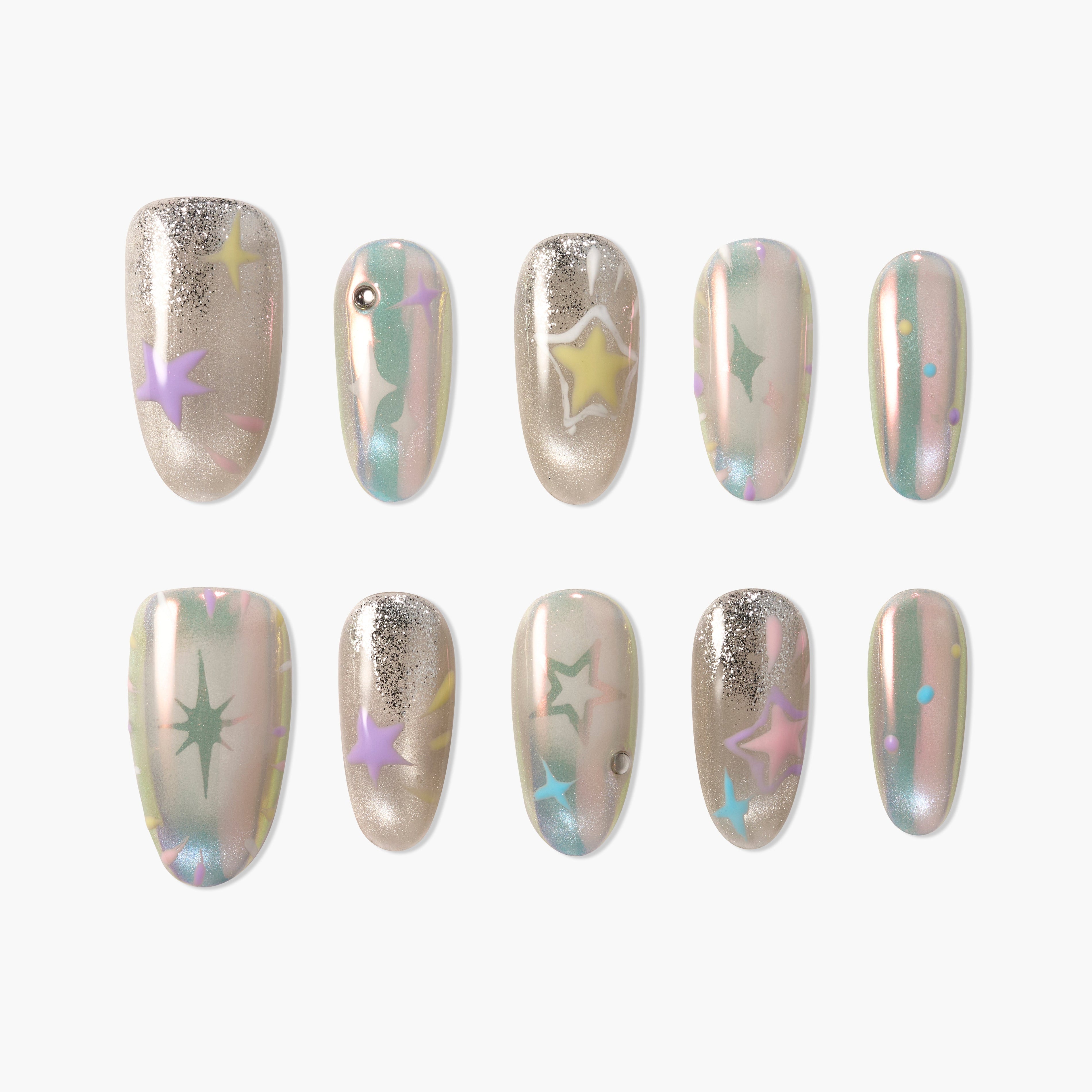 Handmade press-on nails with pastel star designs, metallic shimmer, and glitter accents