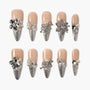 Handmade press-on nails with nude and silver glitter ombre, pearl and rhinestone decorations