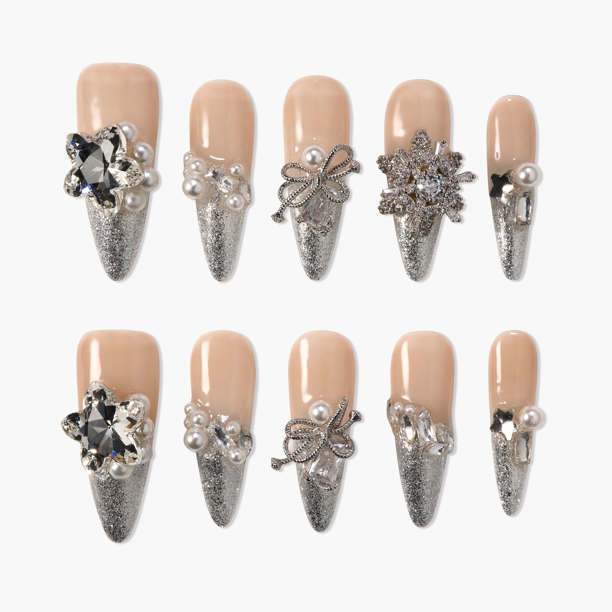 Handmade press-on nails with nude and silver glitter ombre, pearl and rhinestone decorations