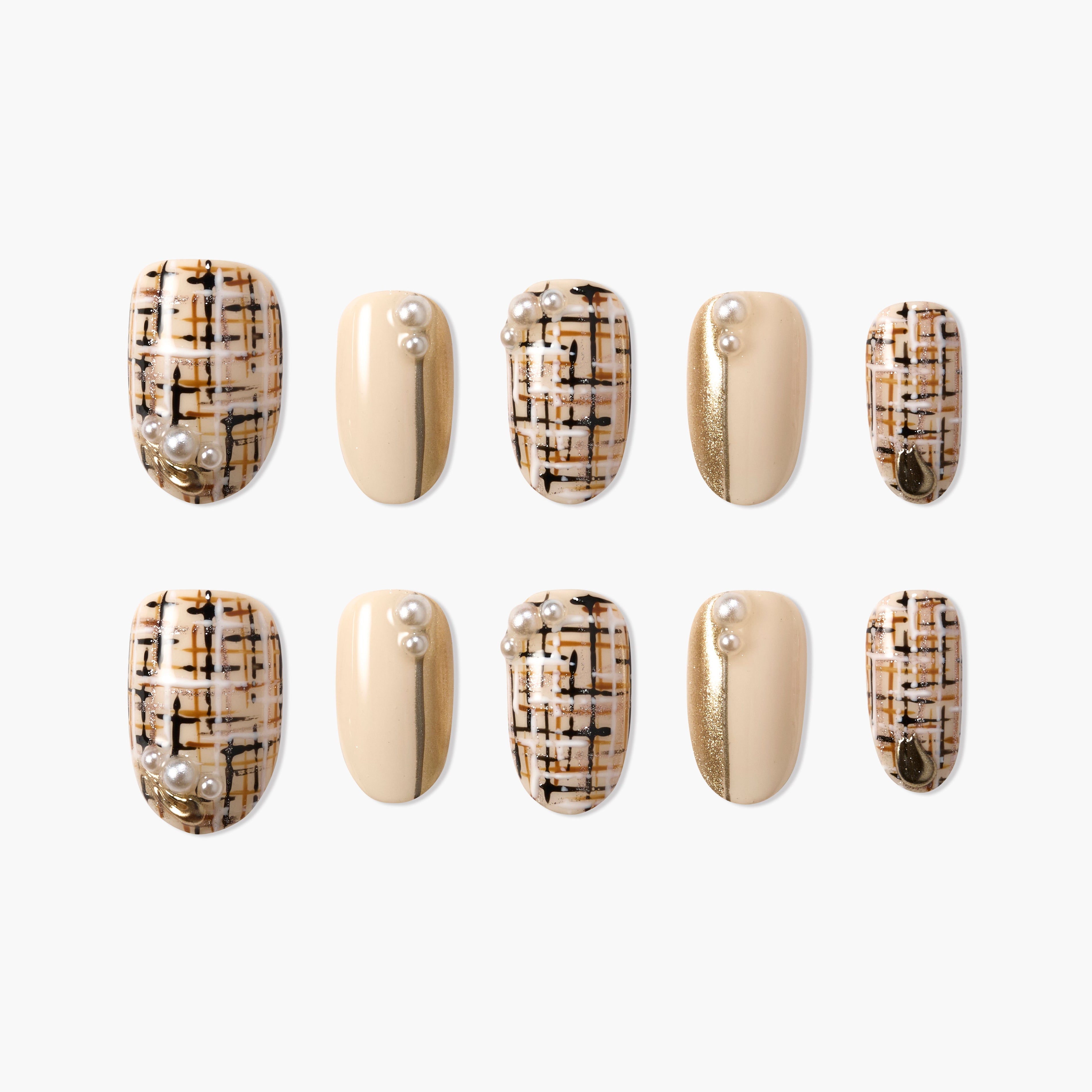 Handmade press-on nails with beige plaid, gold accents, and pearl embellishments