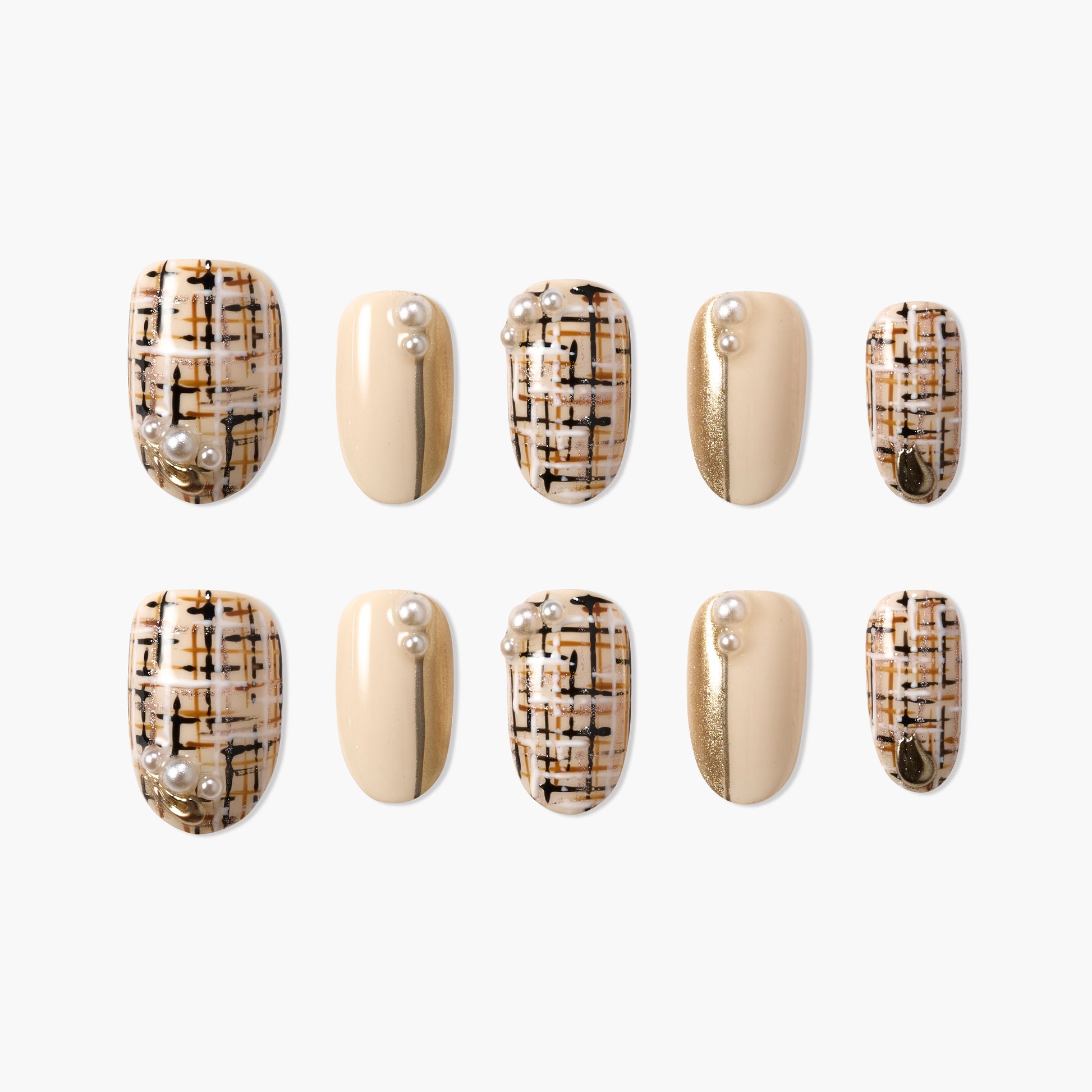 Handmade press-on nails with beige plaid, gold accents, and pearl embellishments