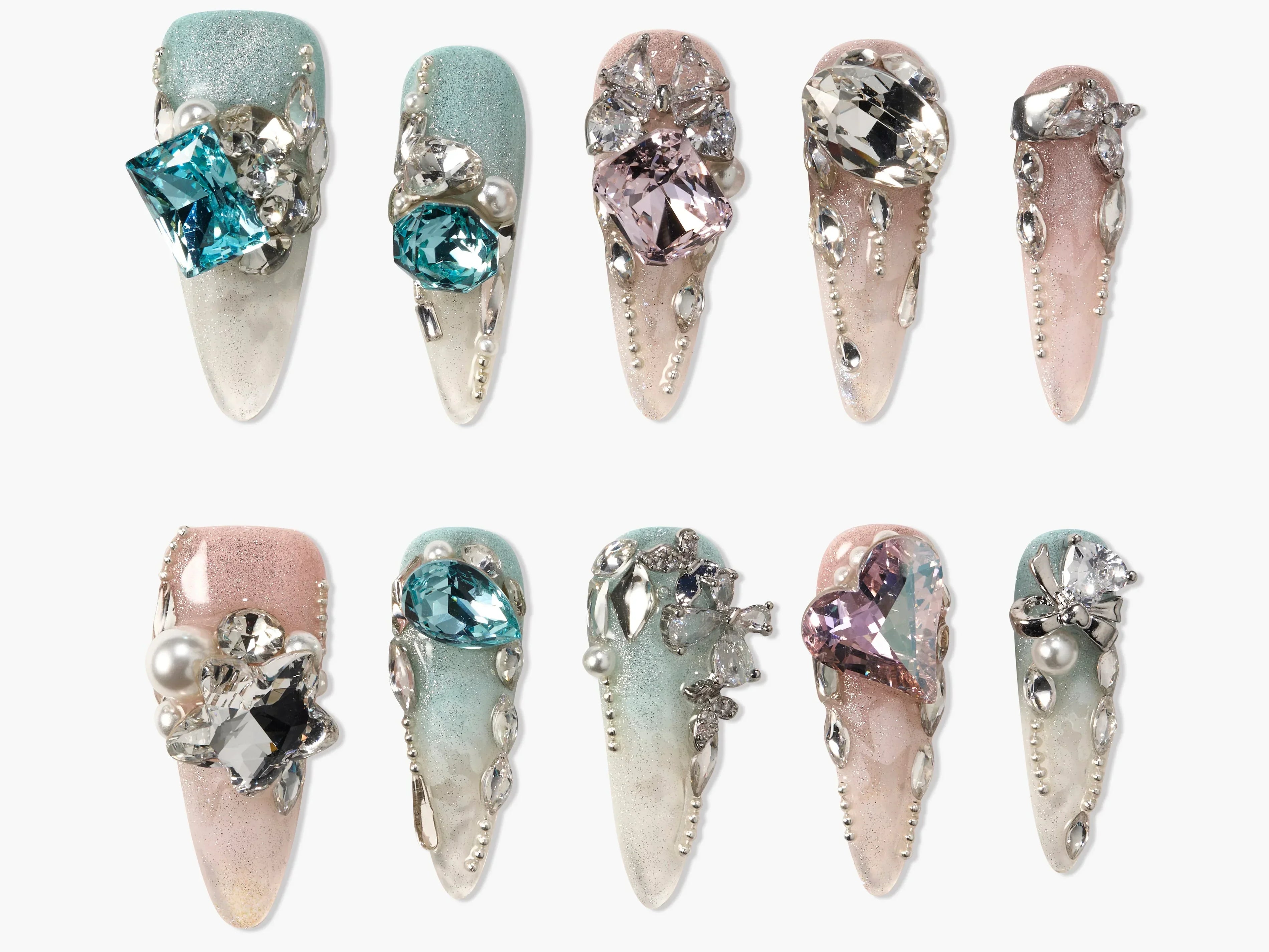 Handmade press-on nails with pastel gradients, jeweled crystals, and pearl accents