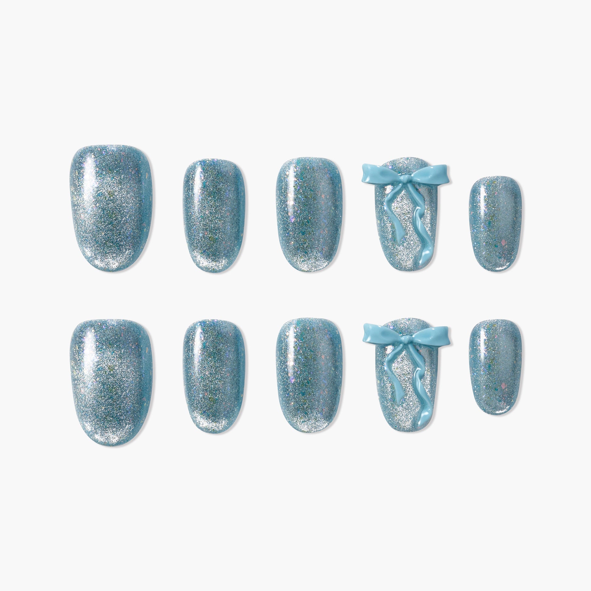 Blue glitter press-on nails with bow and ribbon accents, reusable handmade nail set