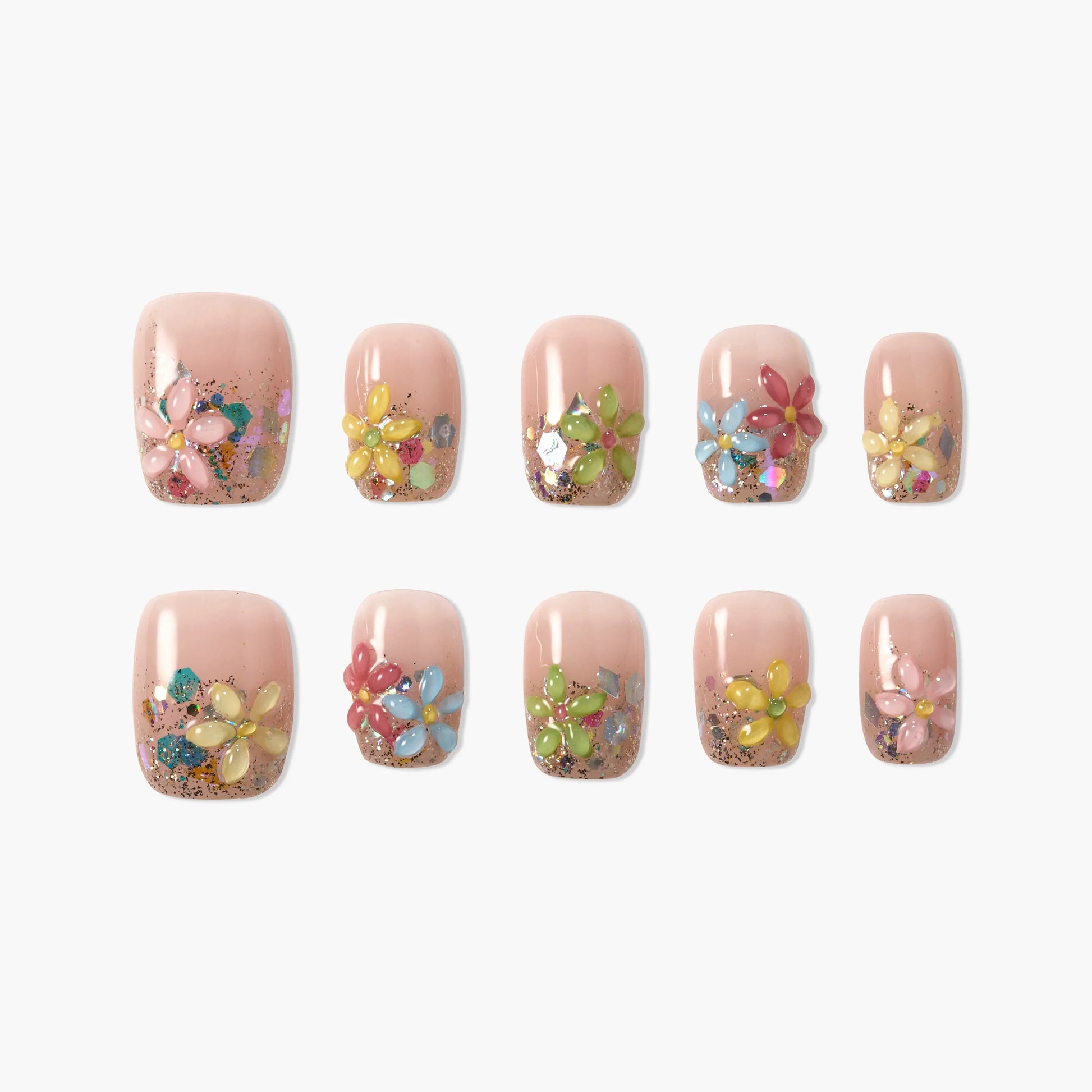 Handmade press-on nails with nude base, 3D multicolor floral designs and glitter accents