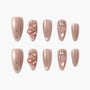 Handmade press-on nails set with nude shimmer finish, cherry and bow 3D nail art accents