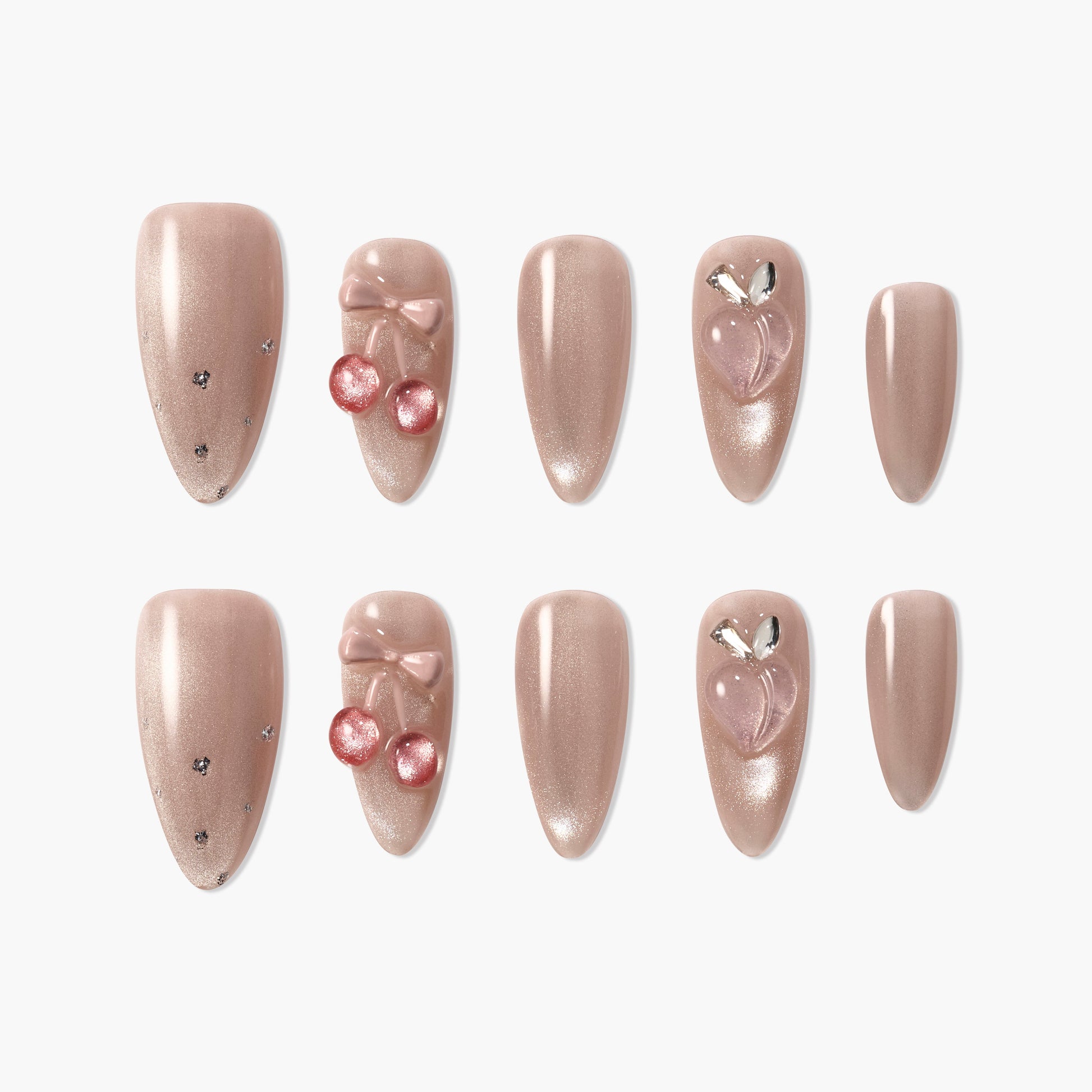 Handmade press-on nails set with nude shimmer finish, cherry and bow 3D nail art accents