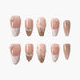 Handmade pink press-on nails with bows, pearls, glitter, and plaid designs, set of ten.