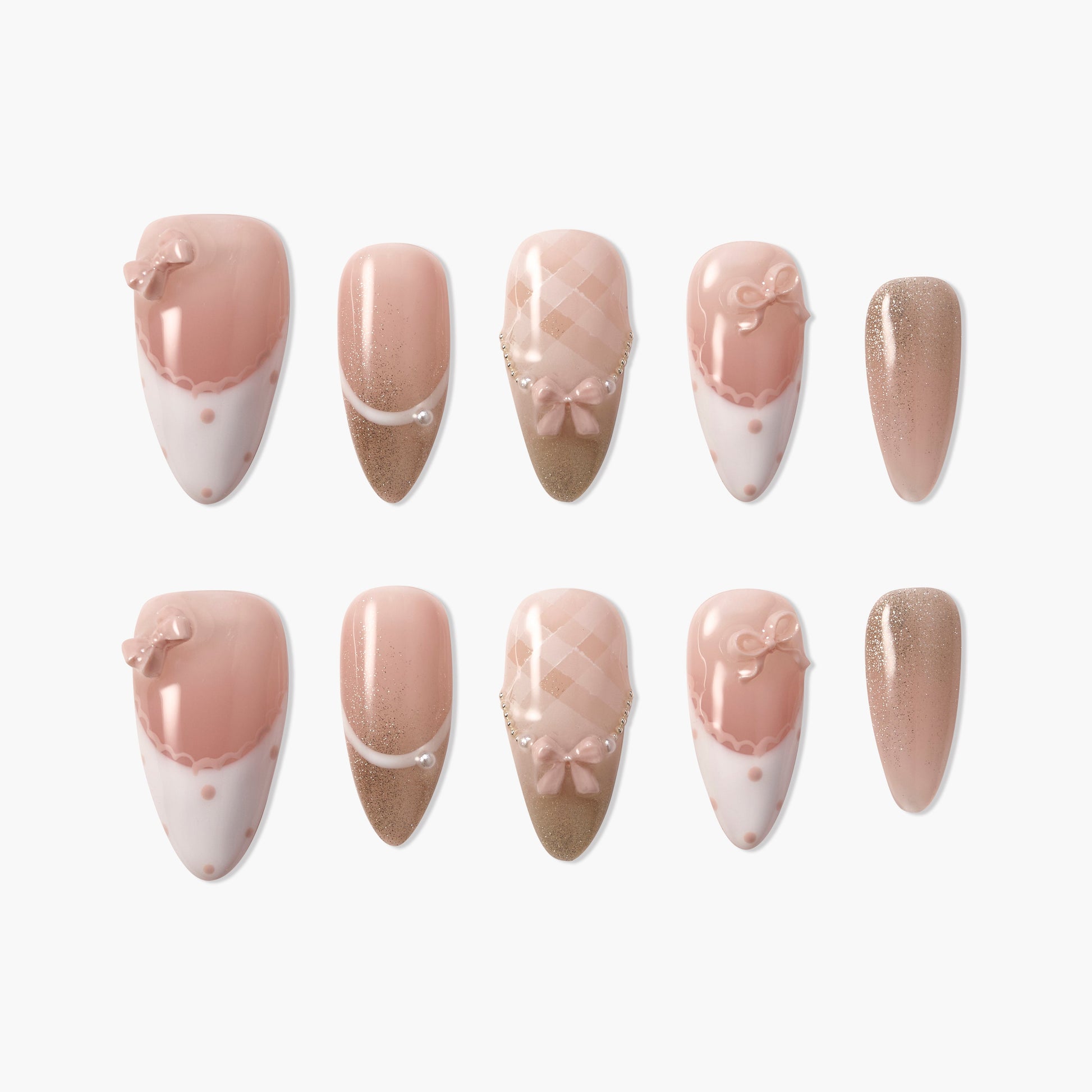 Handmade pink press-on nails with bows, pearls, glitter, and plaid designs, set of ten.