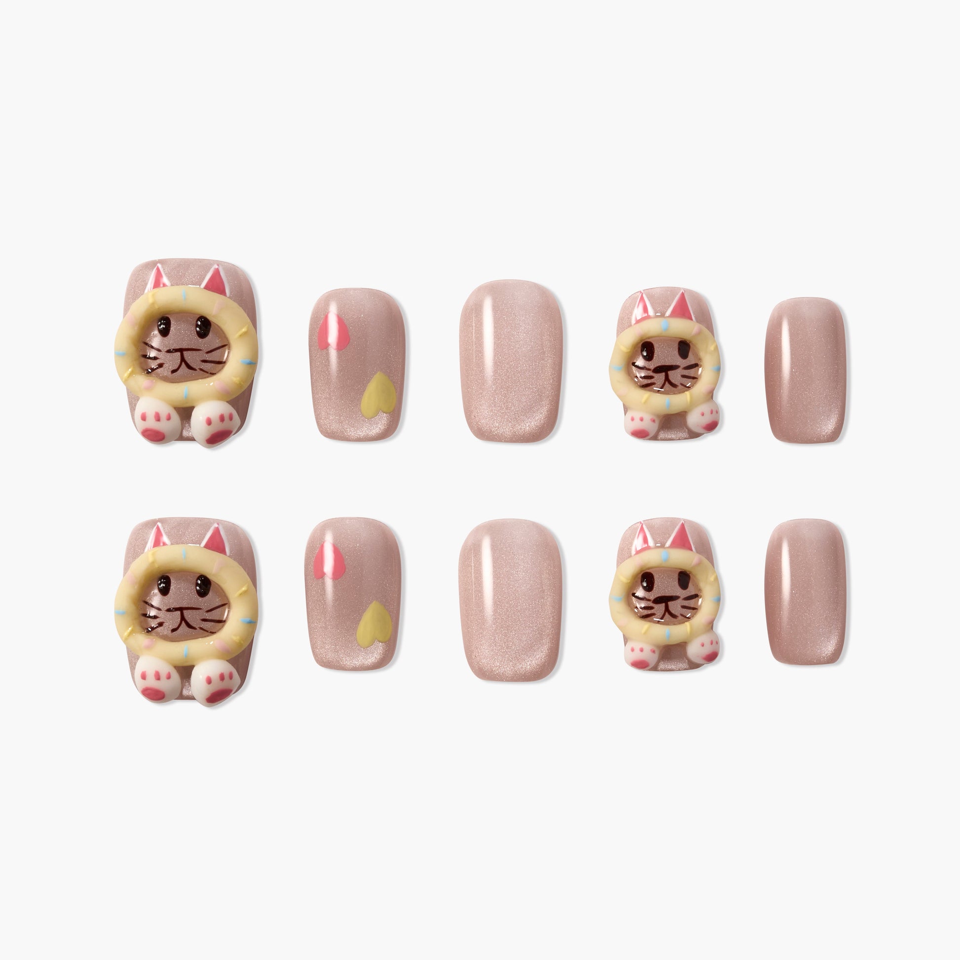 Handmade press-on nails with cute 3D cat designs and pastel pink shimmer accents