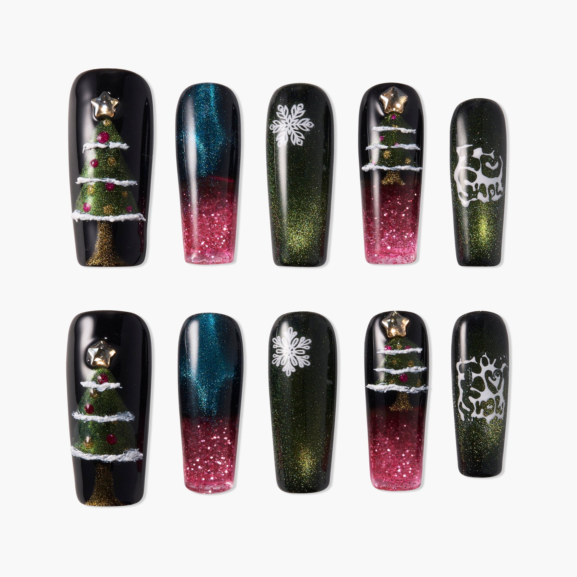 Handmade Christmas press-on nails with tree, snowflake, reindeer, and glitter designs