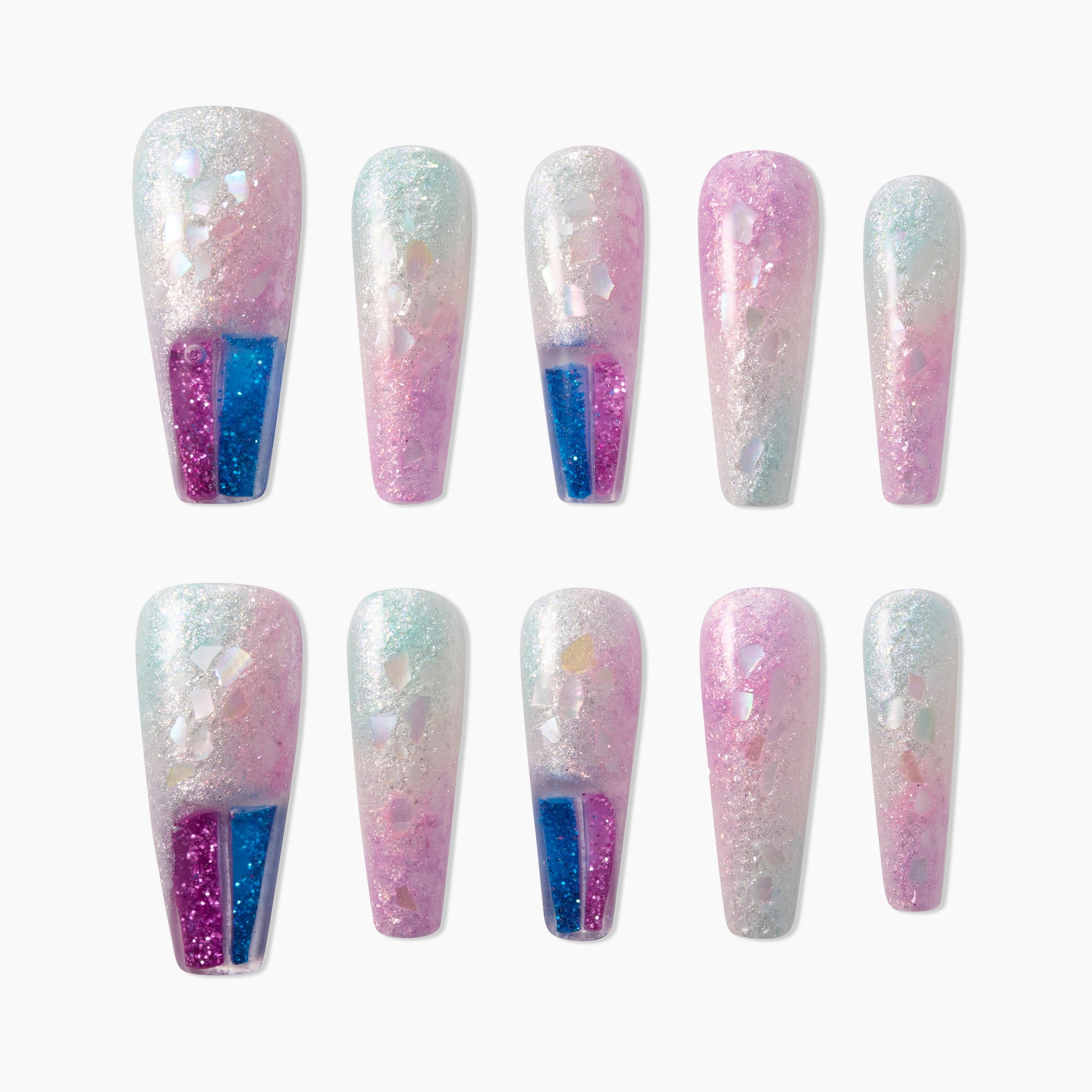 Iridescent glitter press-on nails with pastel pink, blue, and purple ombre design