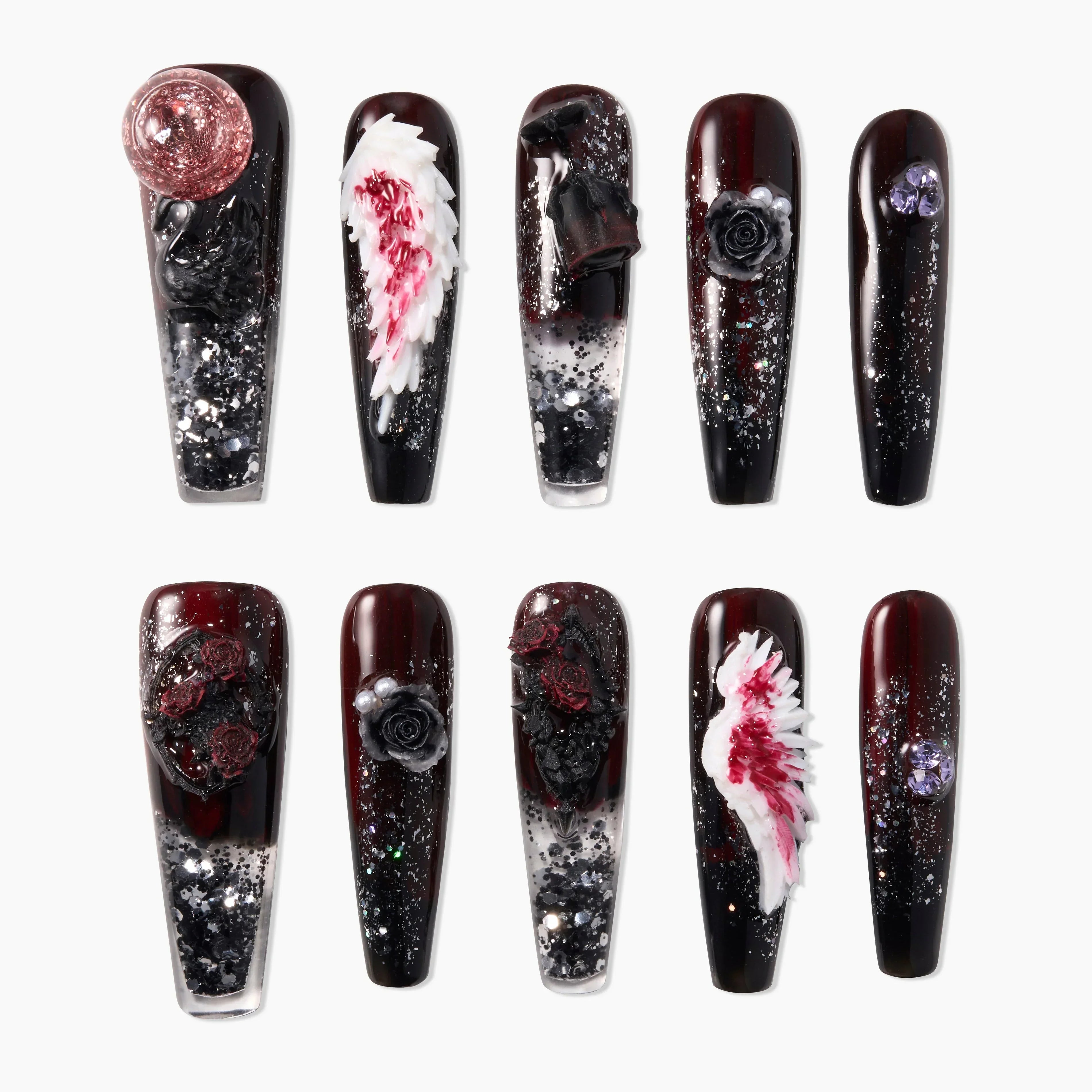 Handmade press-on nails with 3D roses, angel wings, glitter, and dark red-black ombre design.