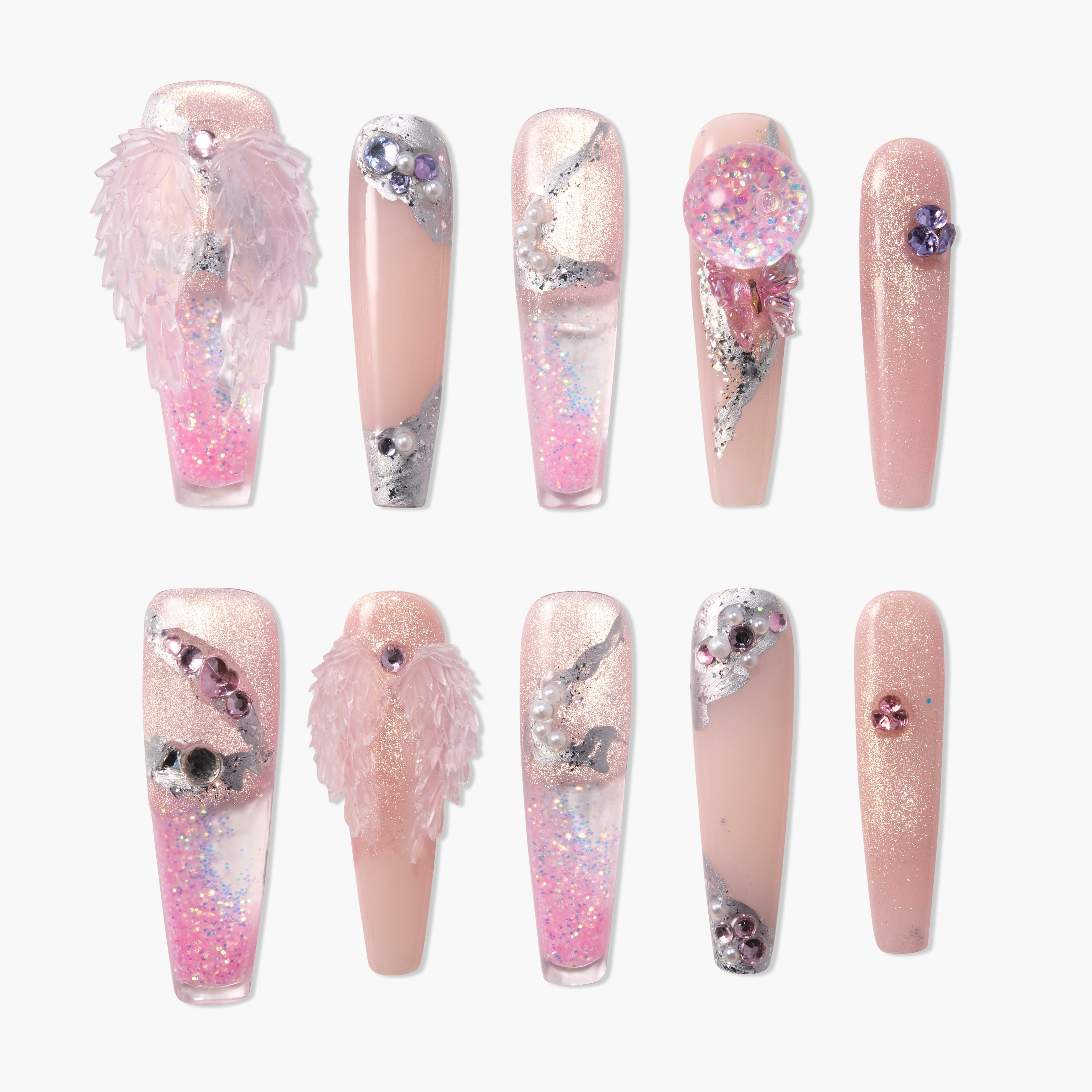 Handmade press-on nails with glitter, rhinestones, pearls, and pink angel wing designs