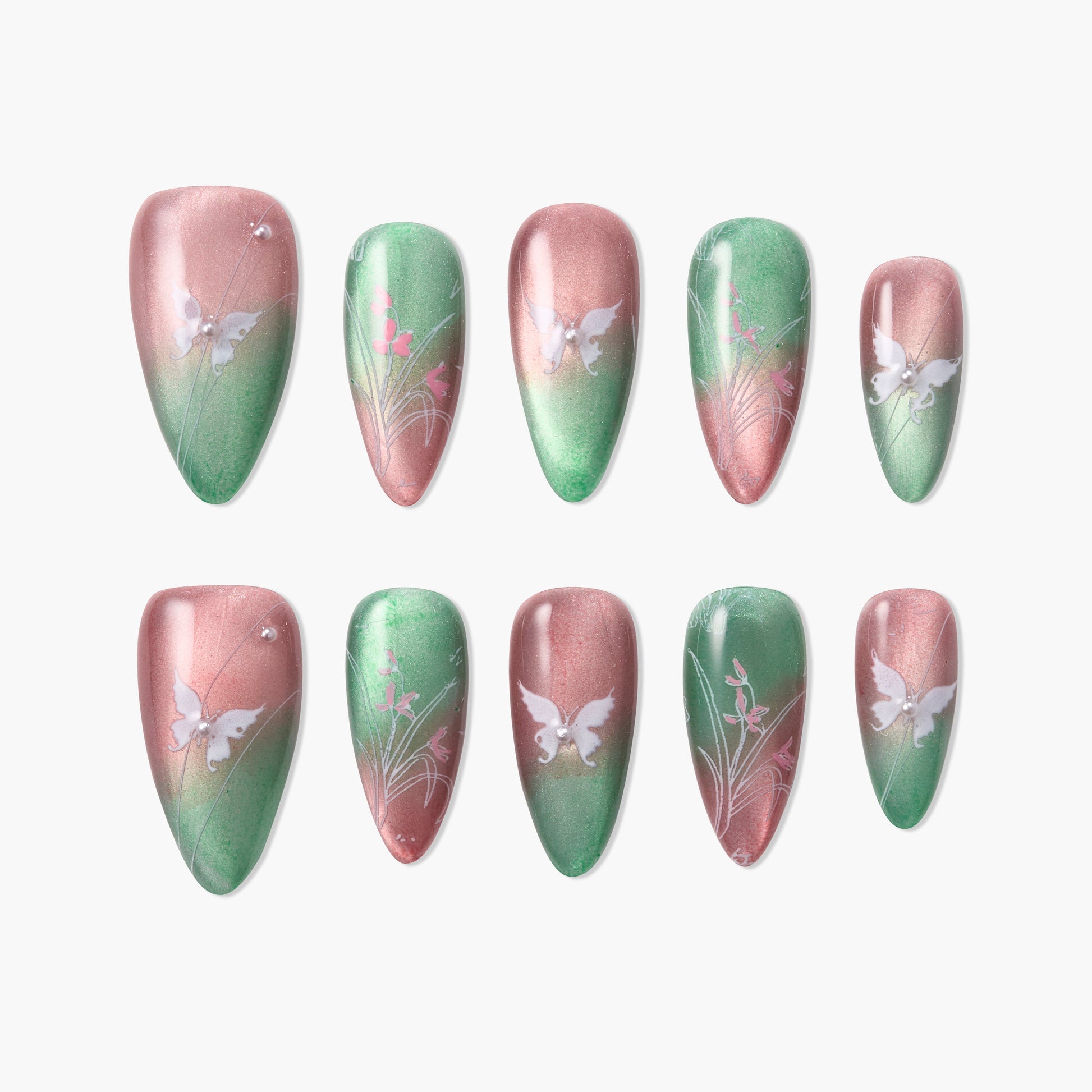 Handmade press-on nails with green and pink gradient, butterfly and floral designs