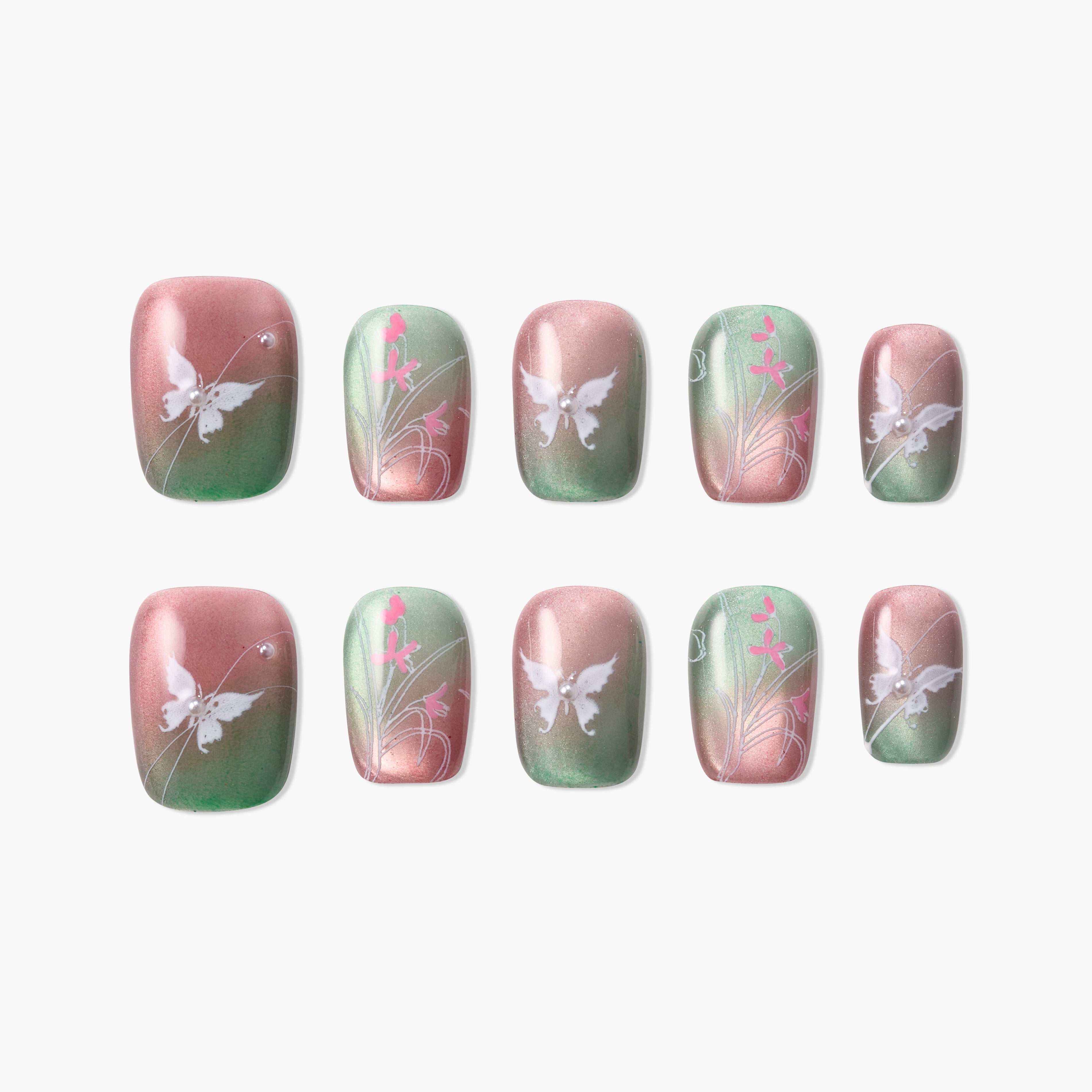 Handmade press-on nails with pink and green butterfly and floral designs, glossy finish