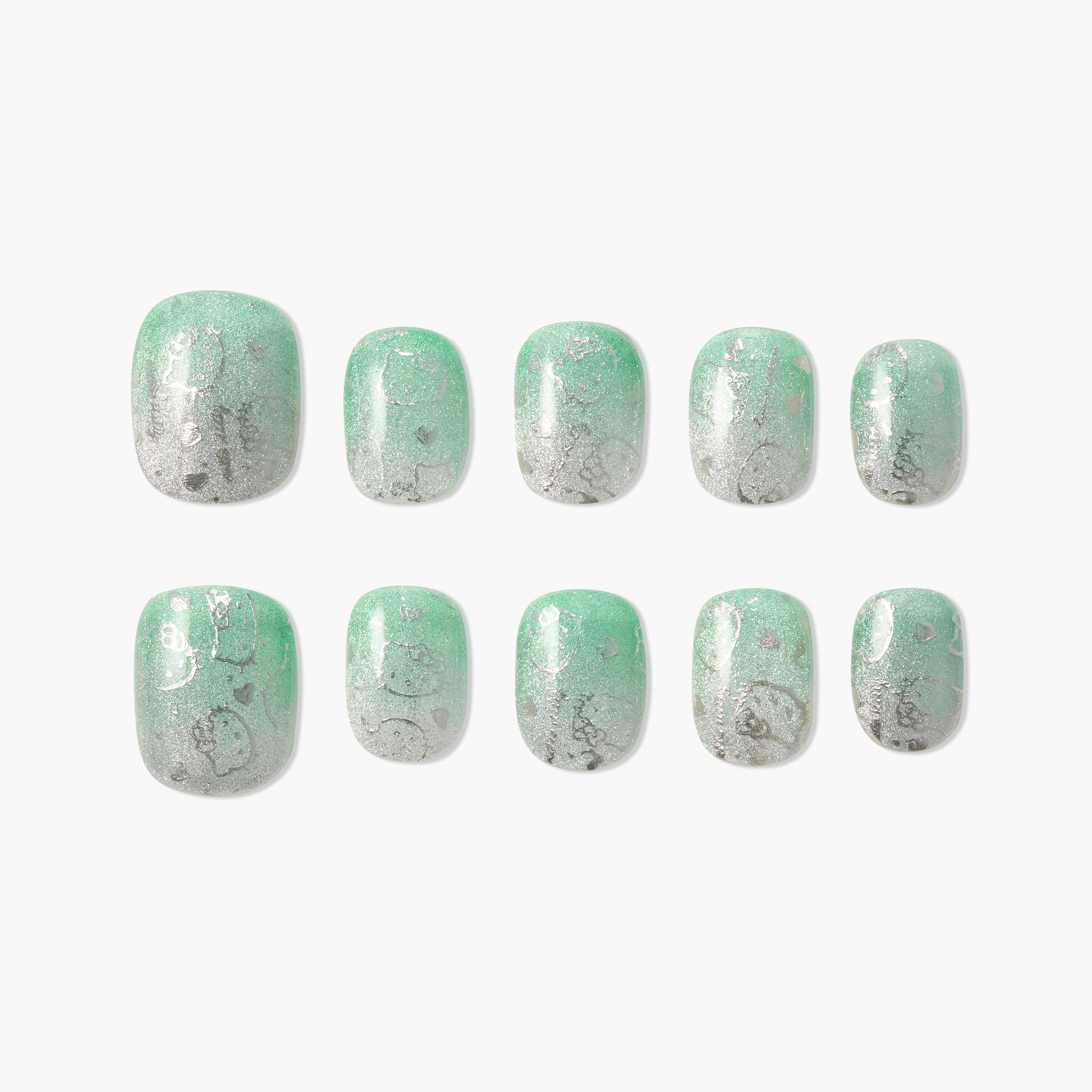 Green and silver ombre press-on nails with glitter and marble effect, 10-piece set