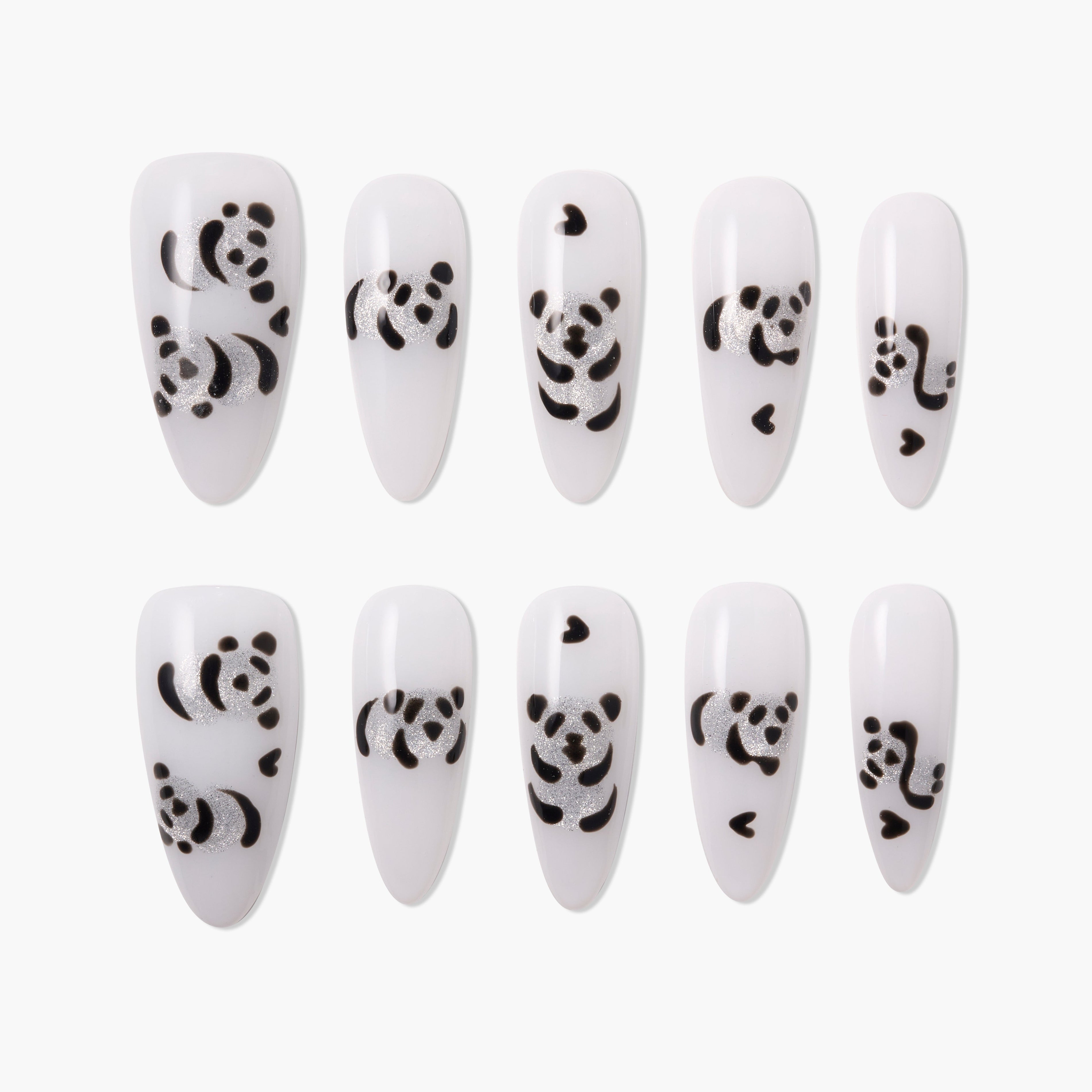 Handmade press-on nails with white base and cute black panda bear designs, set of ten.