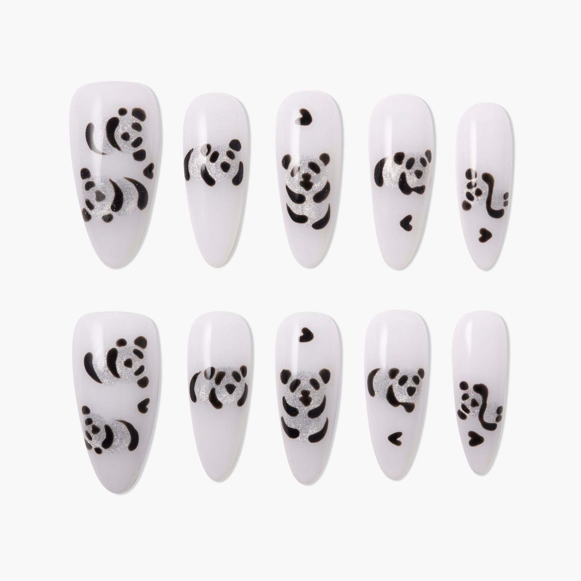 Handmade press-on nails with white base and cute black panda bear designs, set of ten.