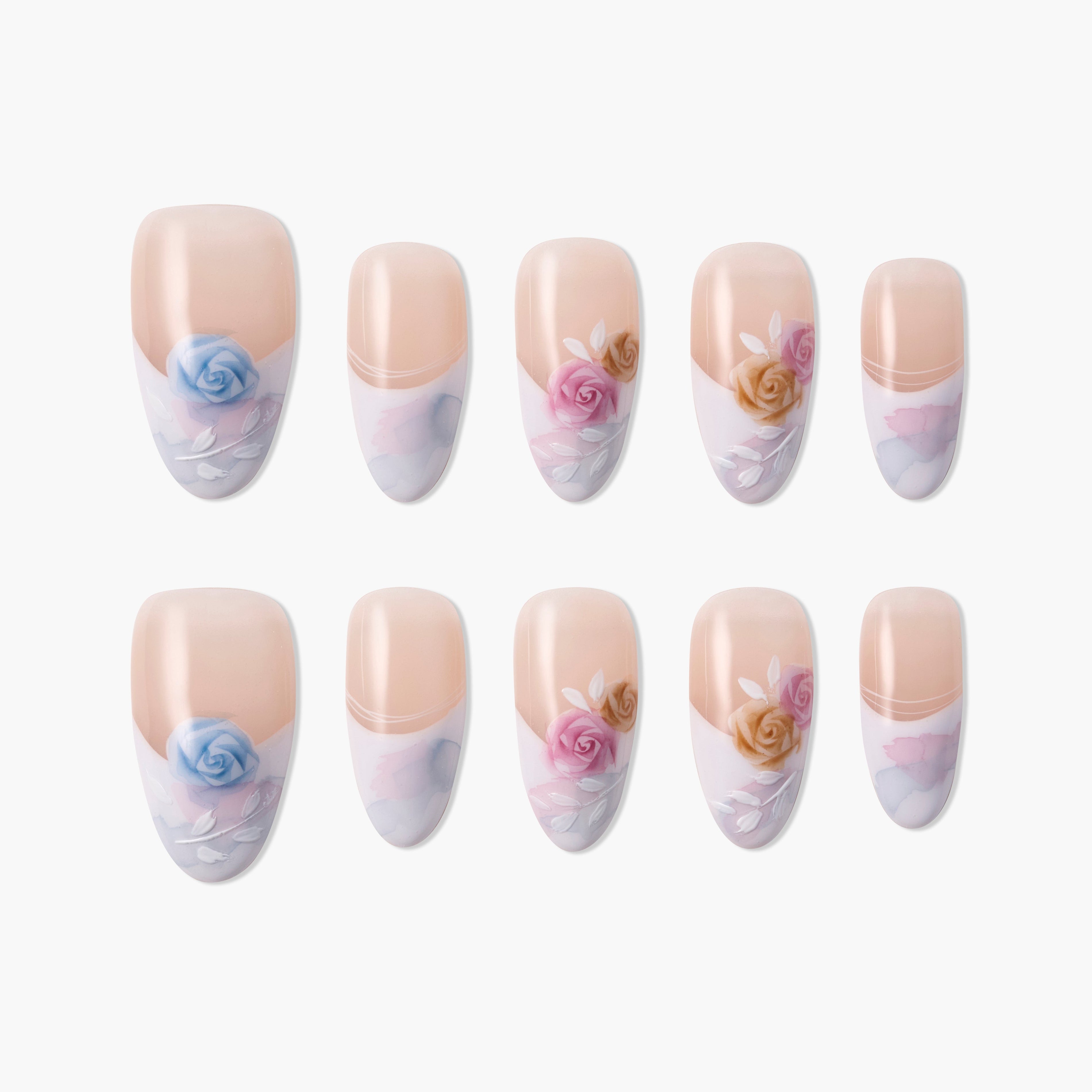 Handmade press-on nails with pastel floral rose designs in blue, pink, and gold on nude base