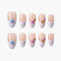 Handmade press-on nails with pastel floral rose designs in blue, pink, and gold on nude base