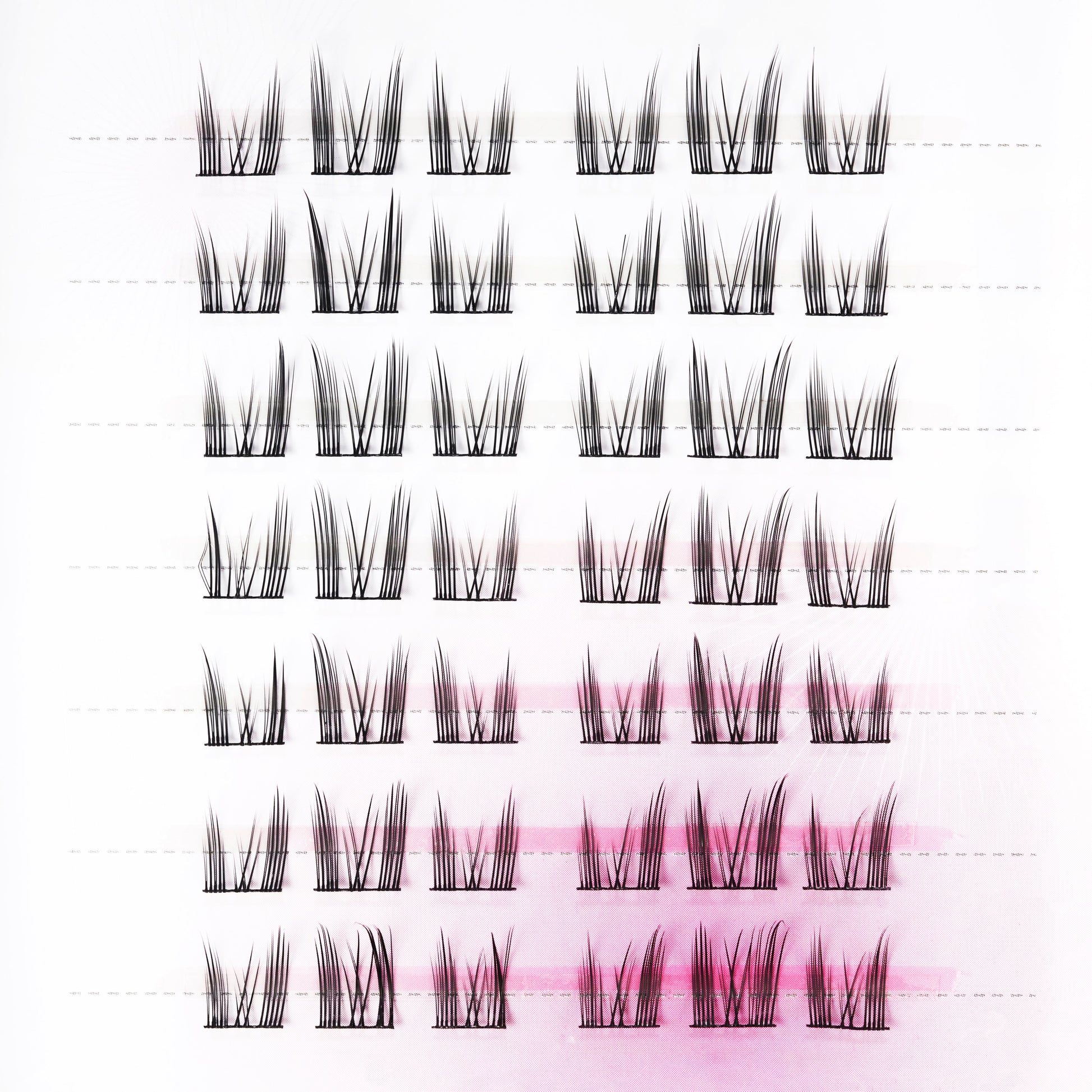 Tray of cat-eye style false eyelash clusters on white background with pink accents.