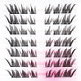 Assorted individual false eyelash clusters arranged on a white and pink background.