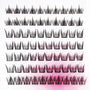 Multiple rows of handmade false eyelash clusters displayed on a white and pink background.