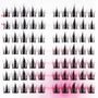 Tray of black individual false eyelash clusters on a white and pink background
