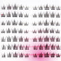 Handmade false eyelash clusters arranged in rows on a pink and white background.