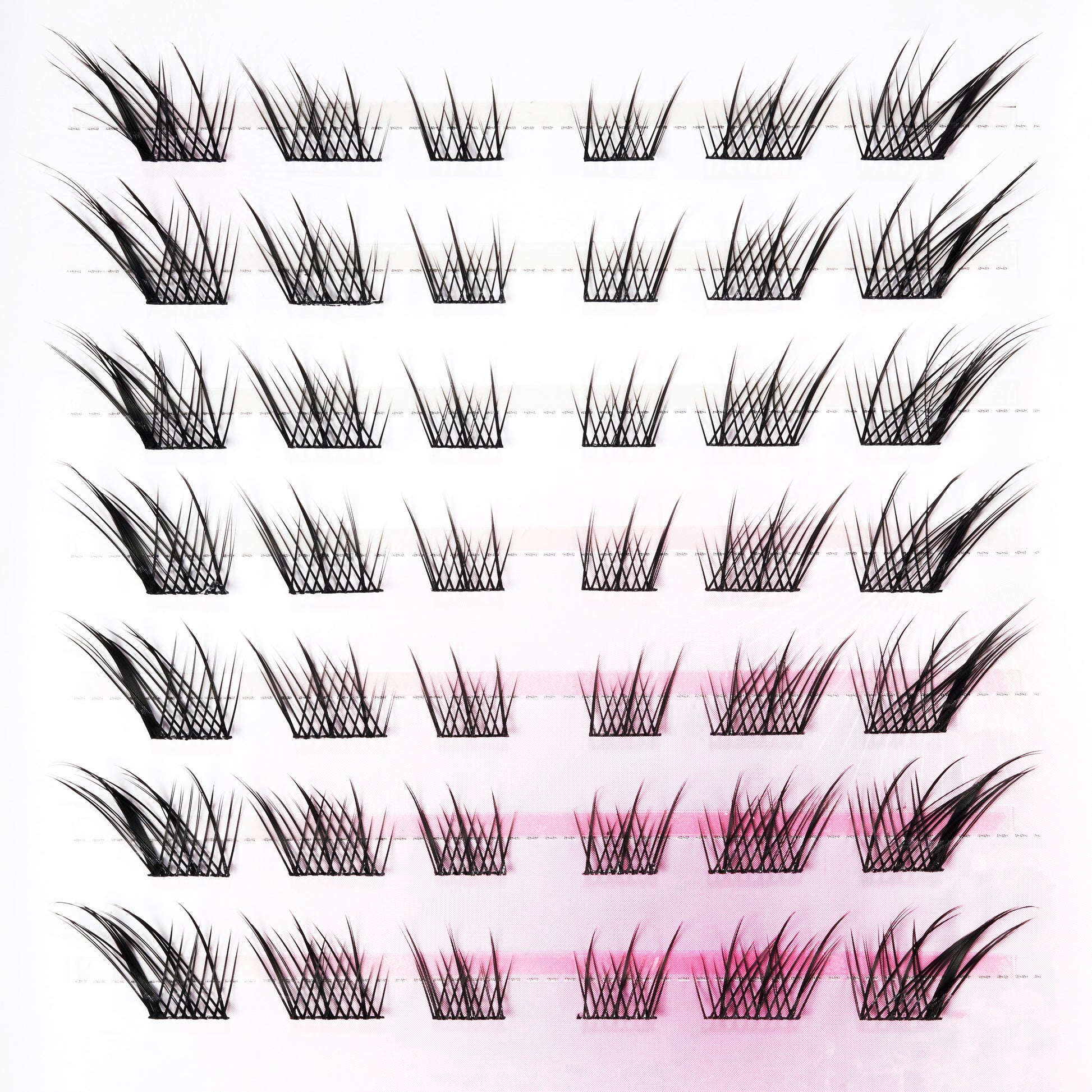 Various styles of handmade wispy false eyelashes arranged in rows on a white background