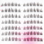 Multiple rows of handmade individual false eyelashes on white and pink background.