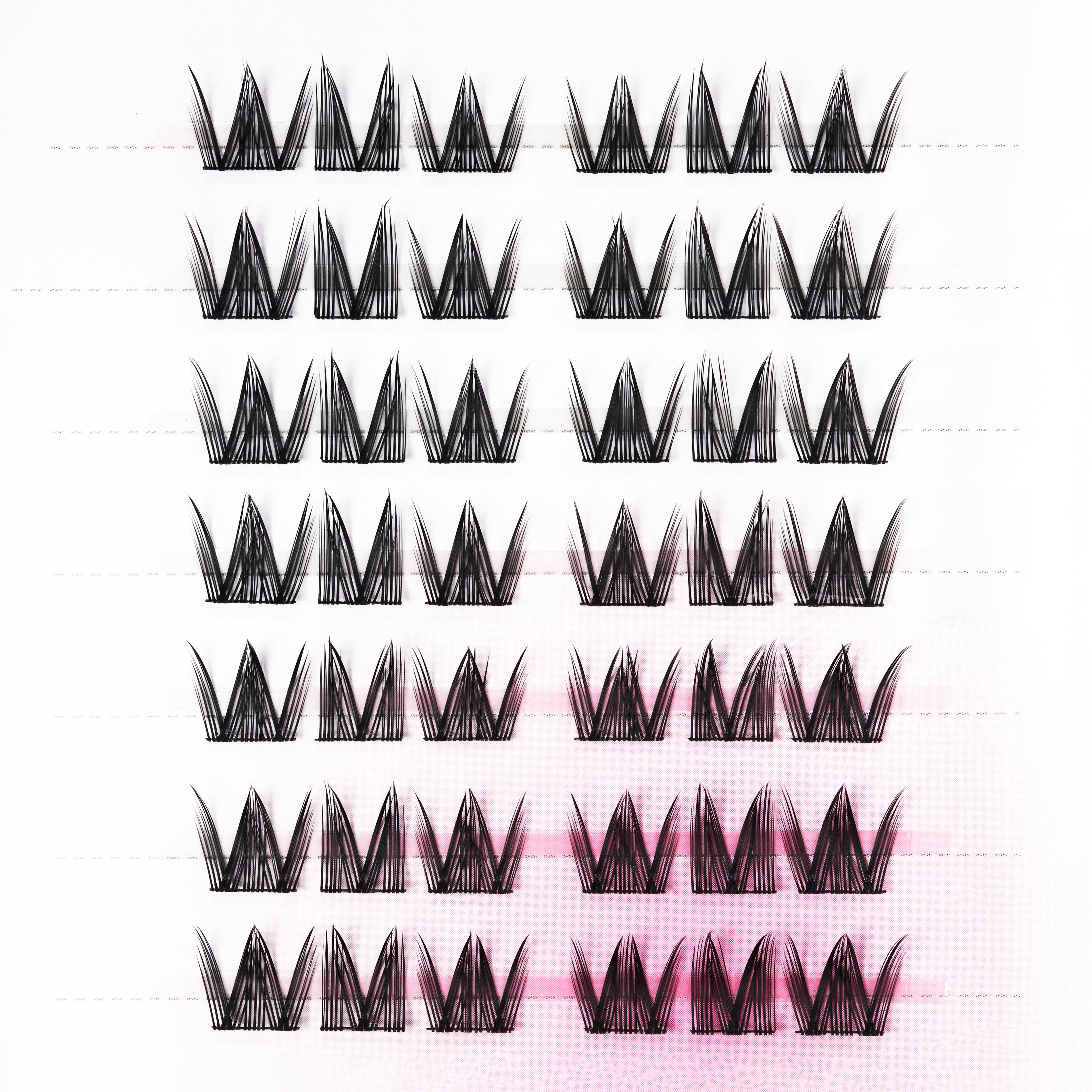 Tray of black wispy cat-eye false eyelash clusters on white background