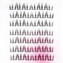 Close-up of multiple rows of handmade lash clusters on a white and pink background