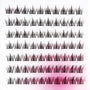 Close-up of multiple rows of individual dramatic false eyelashes on a white background with pink tint.