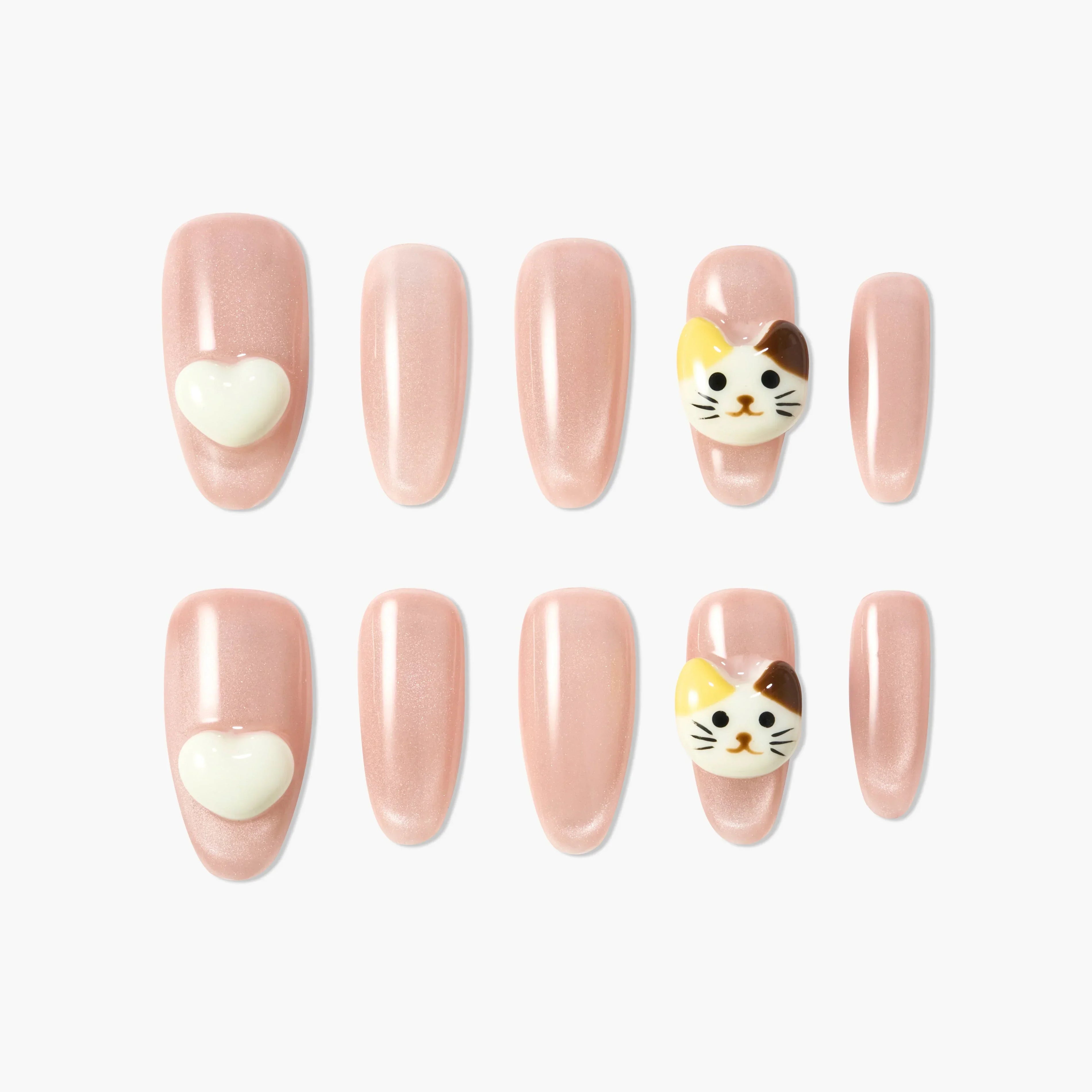 Pink press-on nails set with heart and cat face 3D art, reusable salon-quality nails.