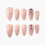 Handmade press-on nails in nude pink with crystal flower rhinestone accents