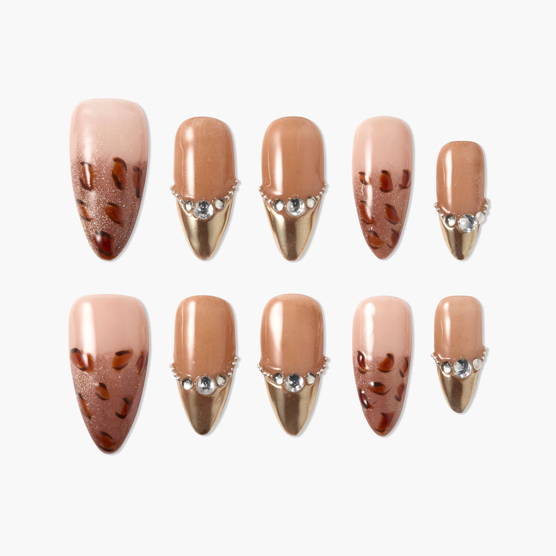 Set of brown and gold press-on nails with rhinestone accents and tortoiseshell design
