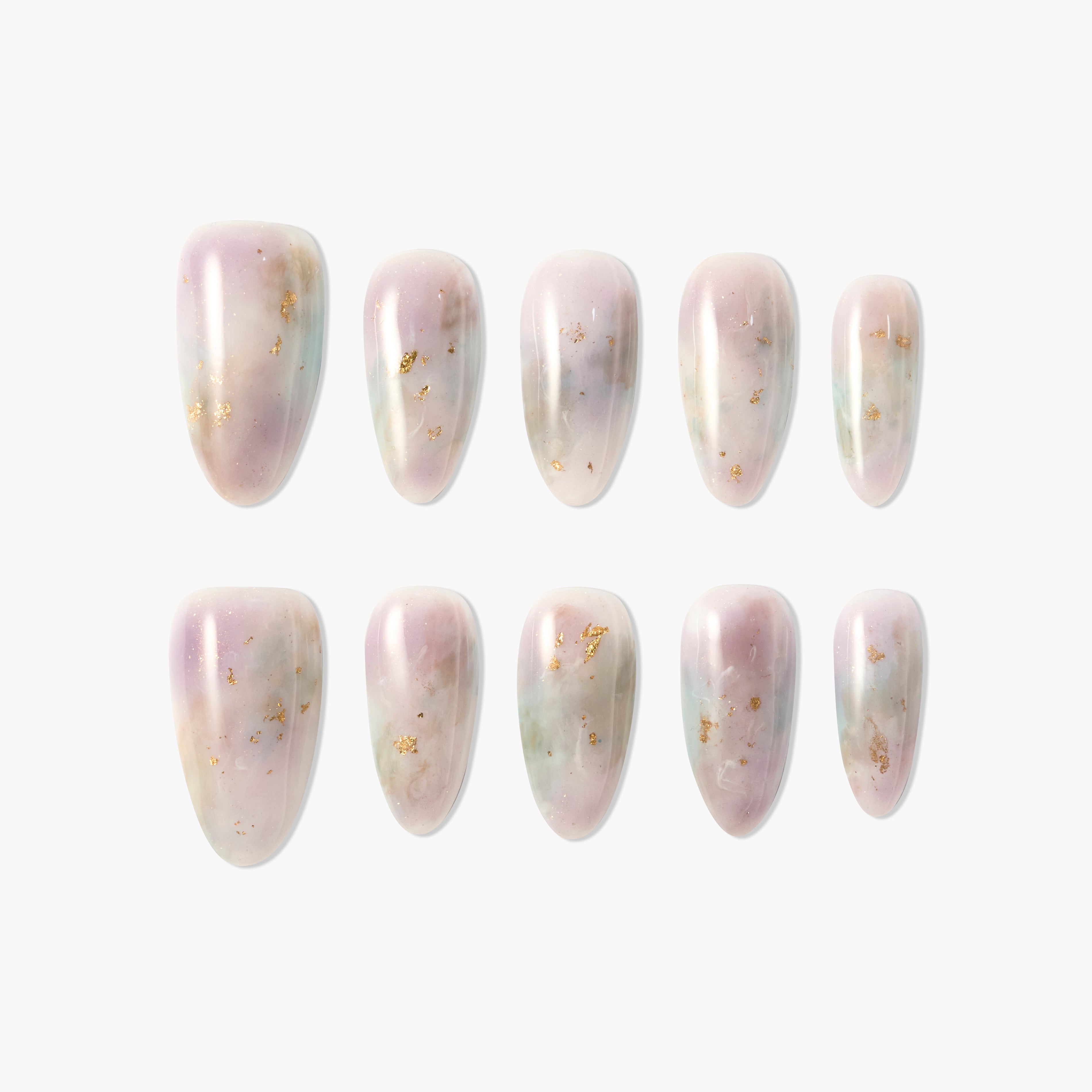 Handmade press-on nails with pastel marble design and gold foil accents on white background