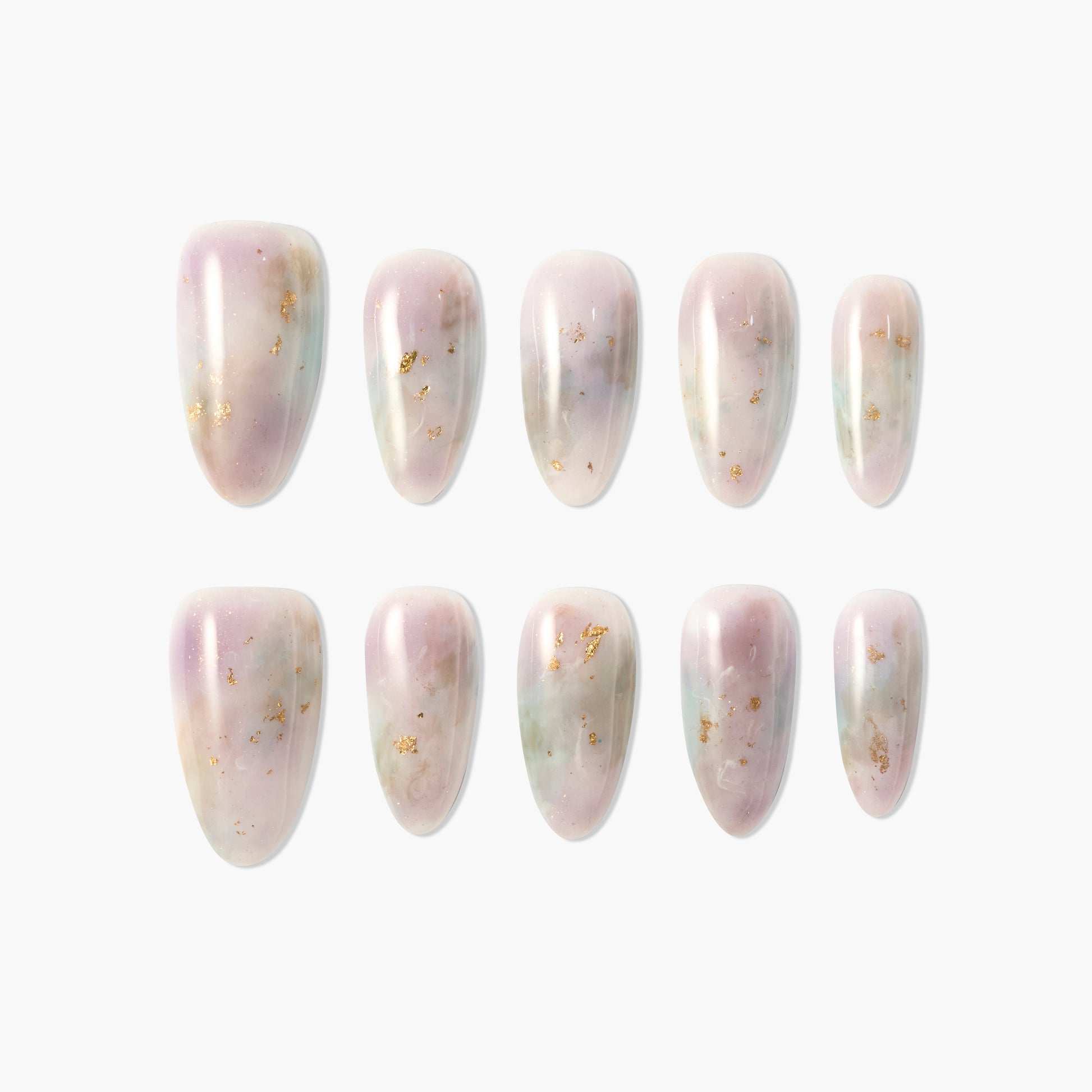 Handmade press-on nails with pastel marble design and gold foil accents on white background