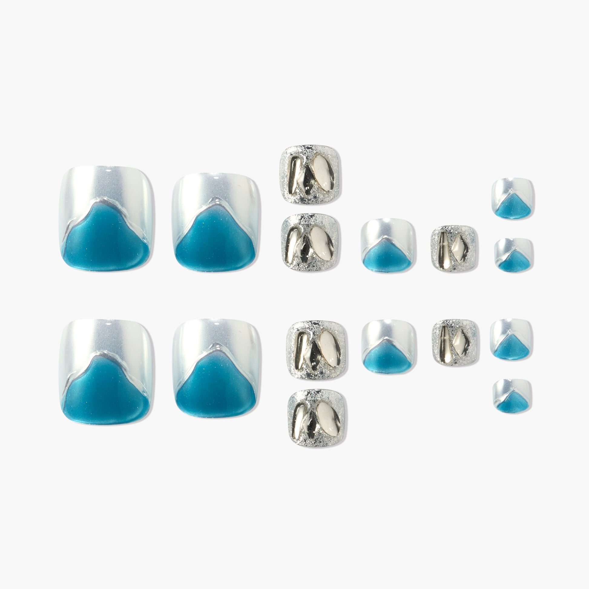 Handmade press-on toenails with blue, silver, and metallic accent designs on white background