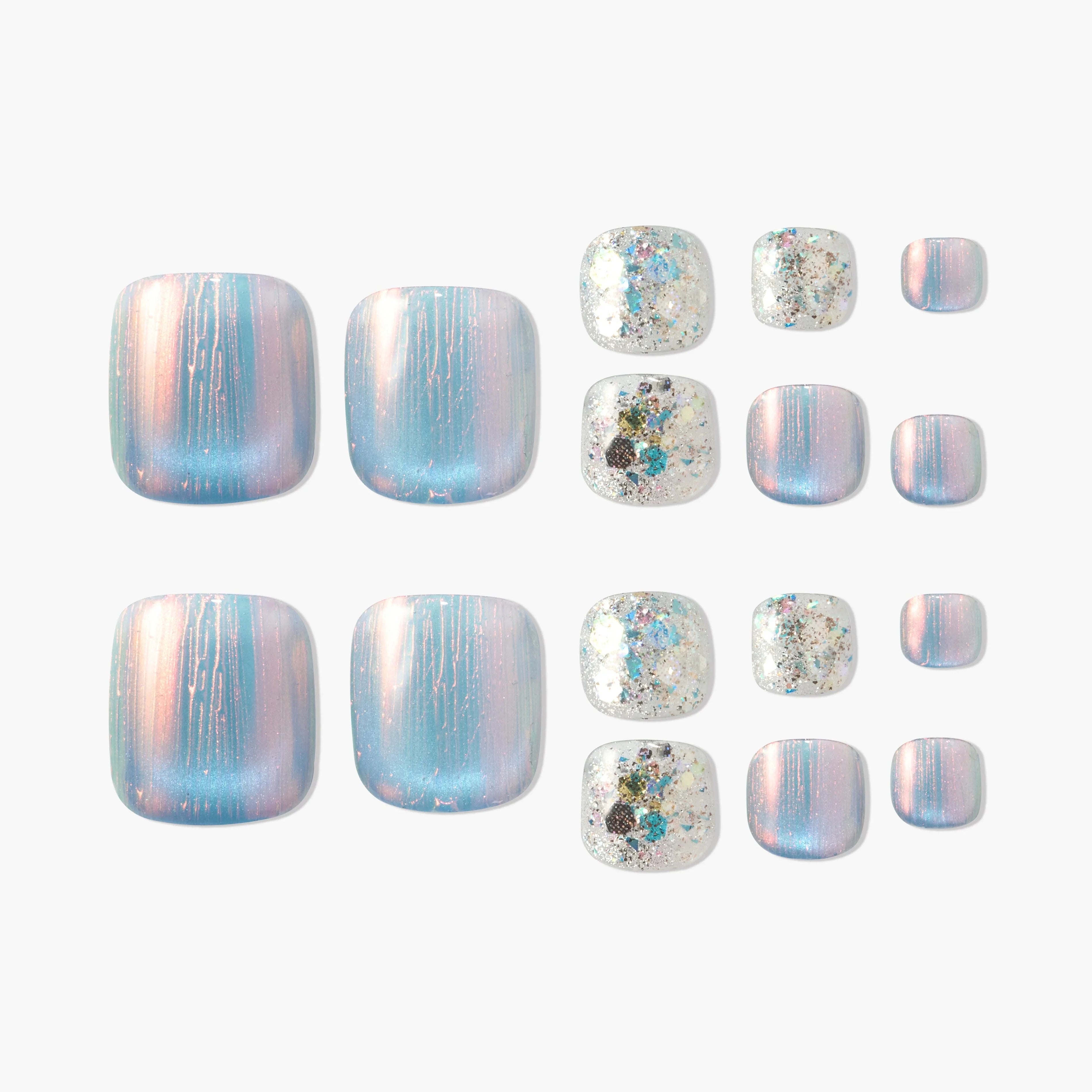Iridescent blue and pink press-on nails with glitter accent designs, displayed on white background