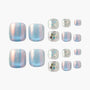 Iridescent blue and pink press-on nails with glitter accent designs, displayed on white background