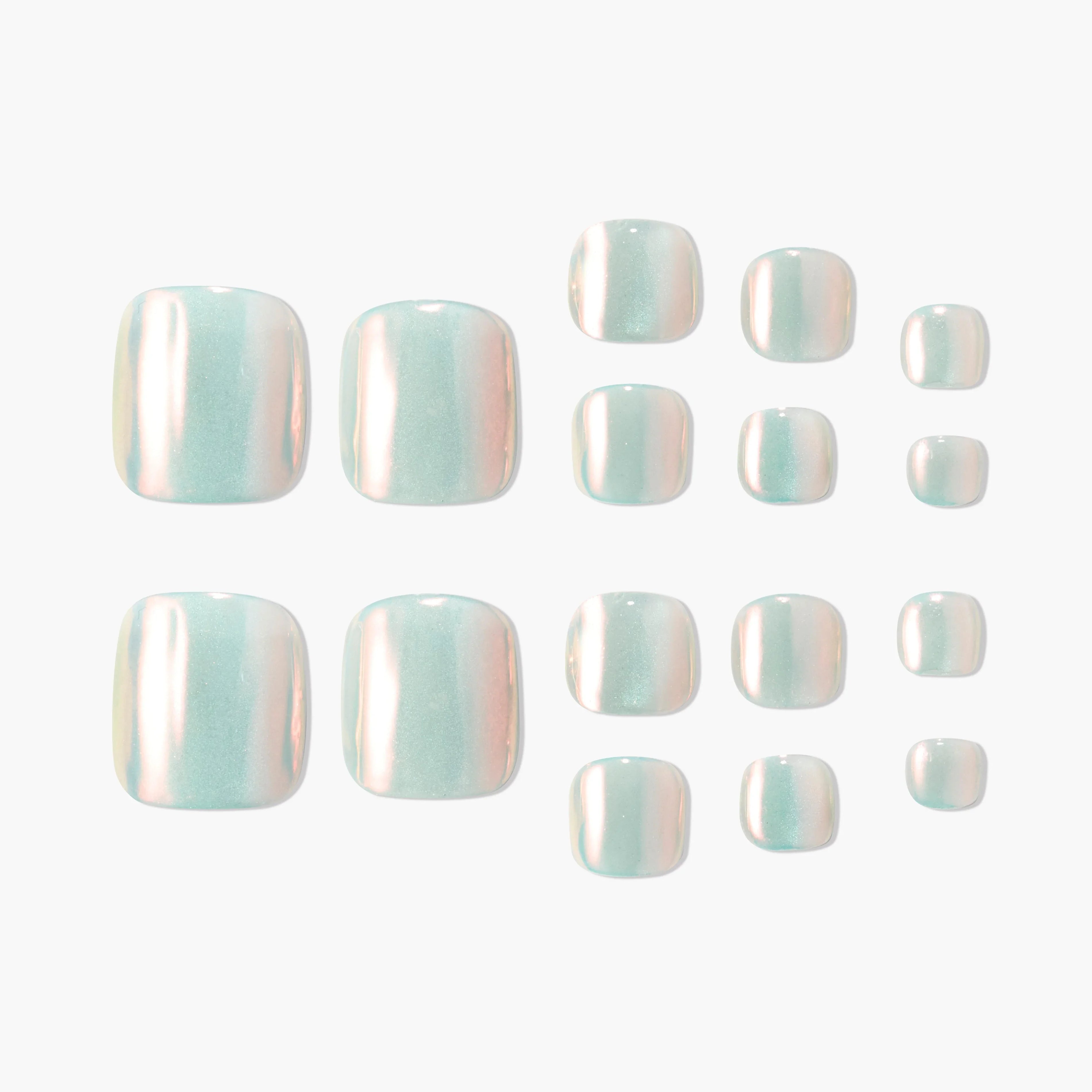 Iridescent square press-on nails in pastel blue and pink, arranged on a white background