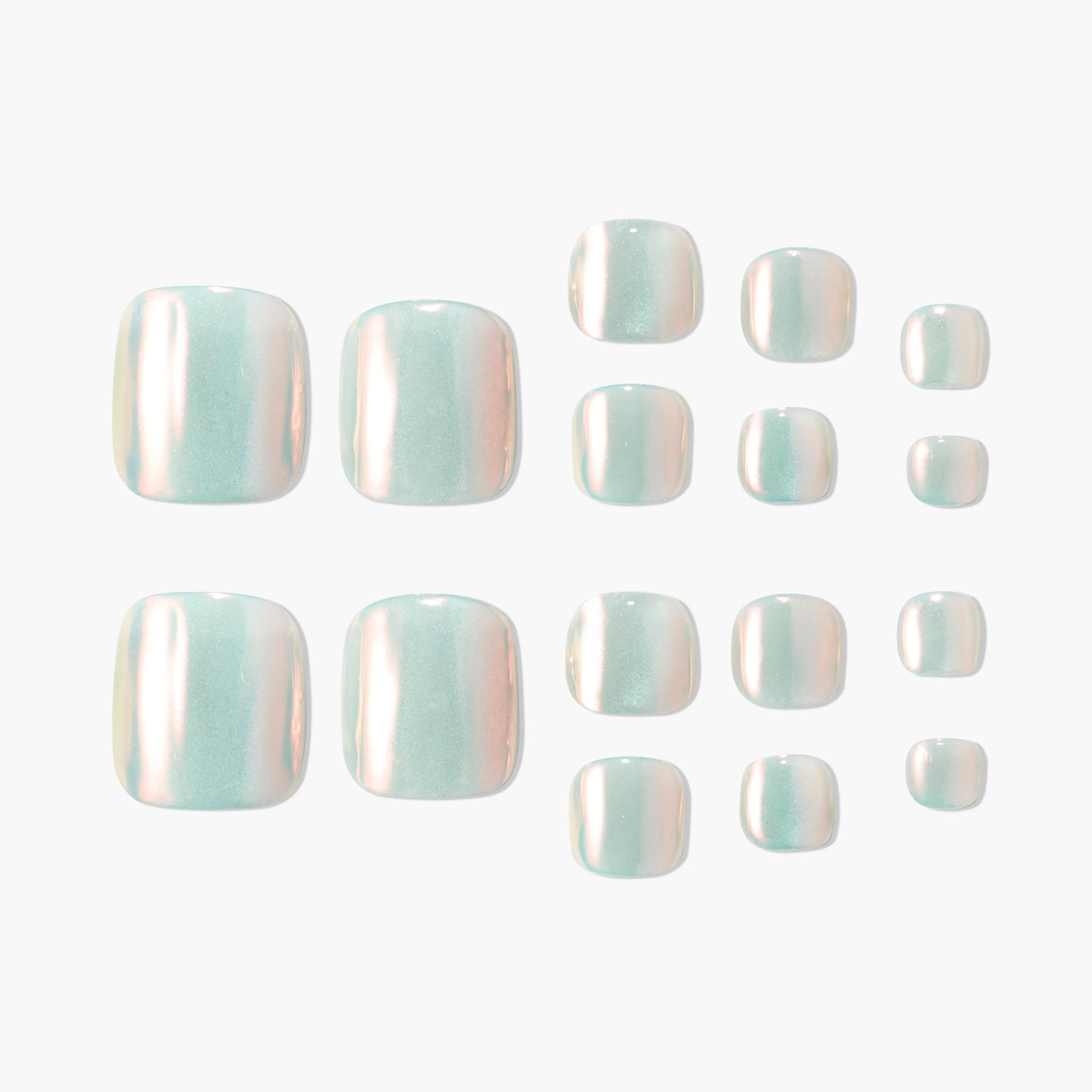 Iridescent square press-on nails in pastel blue and pink, arranged on a white background